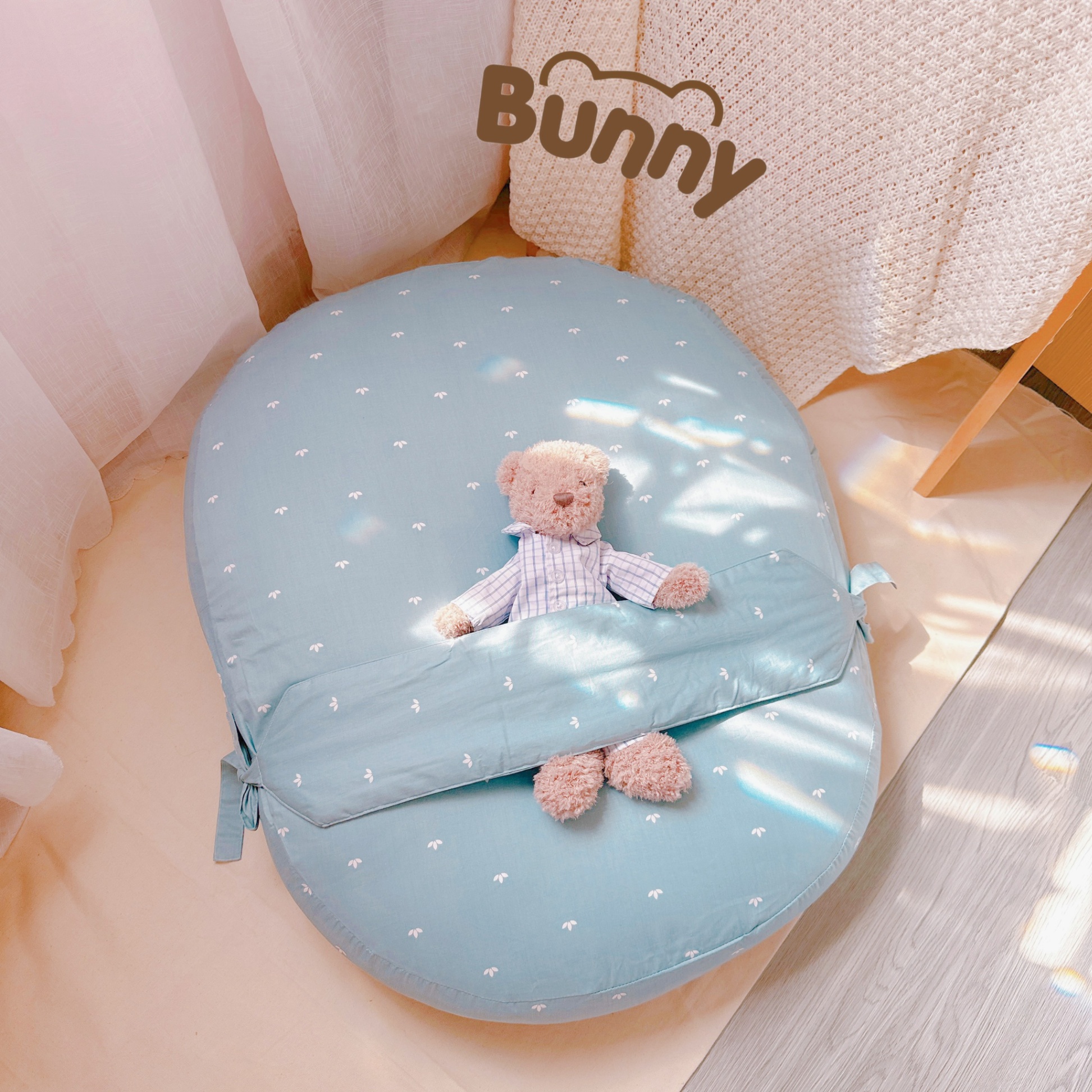 Gối chống trào ngược cho bé kèm đai Bunny vải Cotton Hàn chống giật mình, chống nôn trớ trào ngược dạ dày kích thước 65 x 80cm