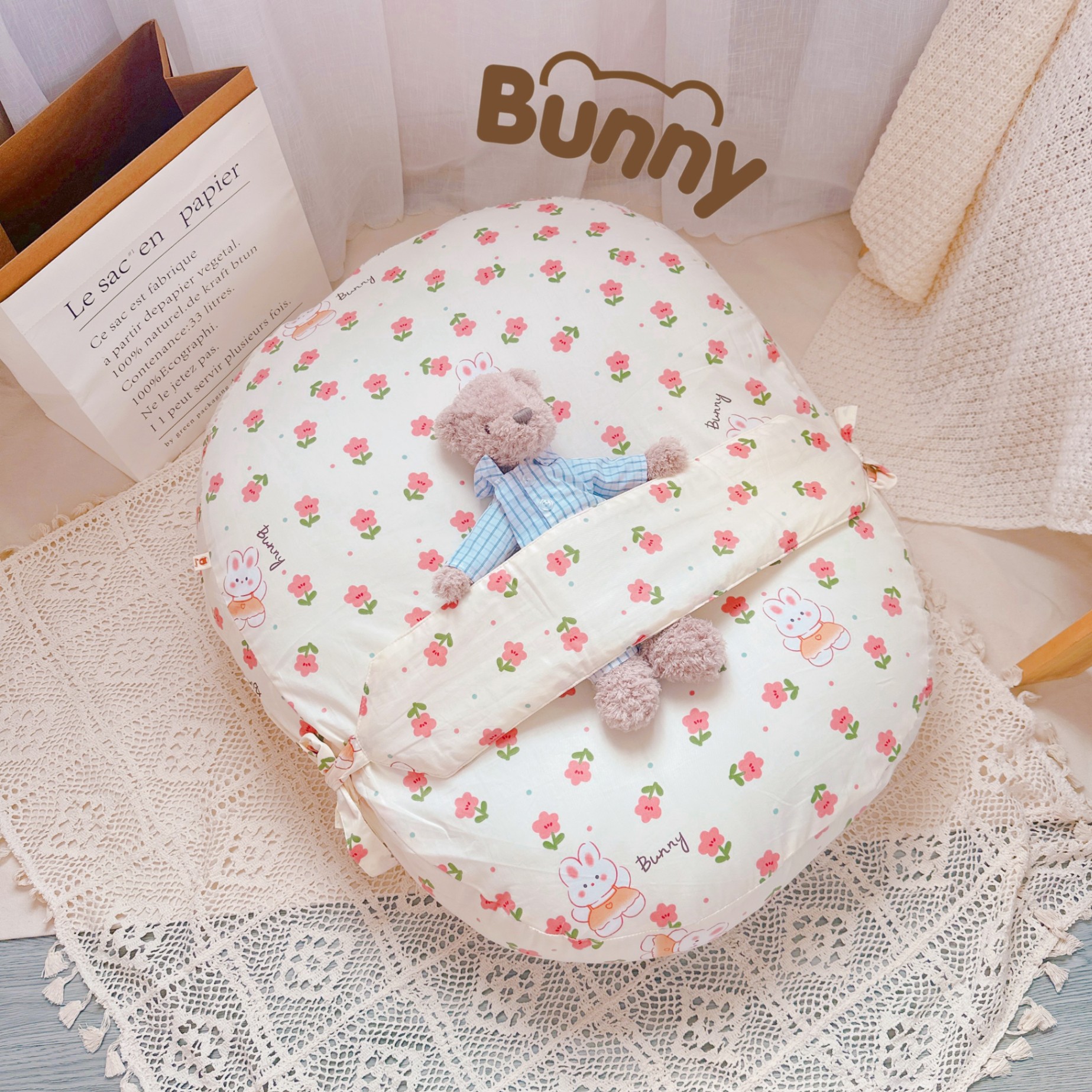 Gối chống trào ngược cho bé kèm đai Bunny vải Cotton Hàn chống giật mình, chống nôn trớ trào ngược dạ dày kích thước 65 x 80cm