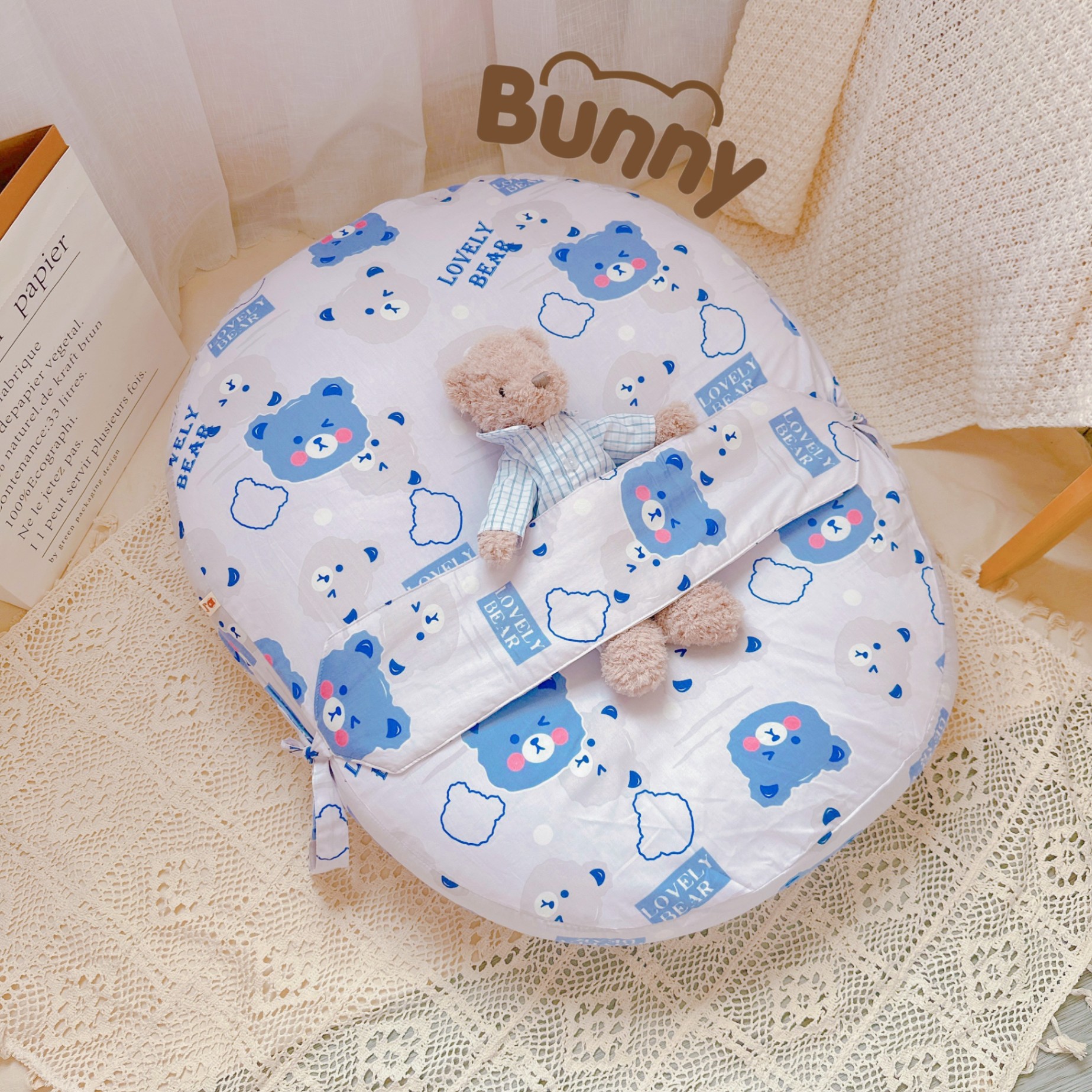 Gối chống trào ngược cho bé kèm đai Bunny vải Cotton Hàn chống giật mình, chống nôn trớ trào ngược dạ dày kích thước 65 x 80cm