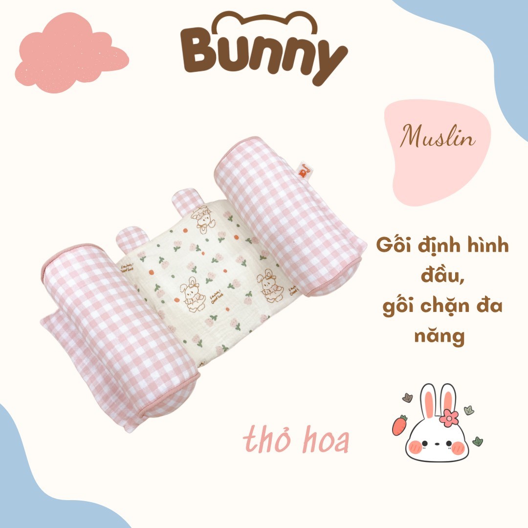 Gối định hình đầu cho bé Bunny vải xô Muslin cao cấp, gối chống méo đầu, gối chặn đa năng cho trẻ sơ sinh