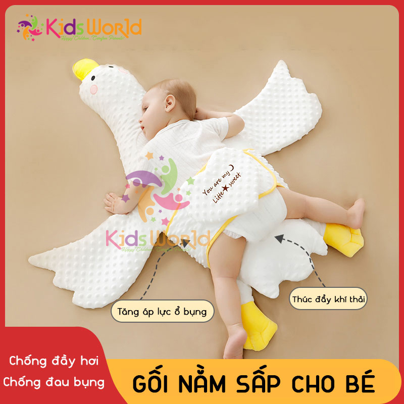 Gối vịt trắng nằm sấp cho bé KidsWorld chống đau bụng đầy hơi, chất liệu ruột bông PP mềm mại, lỗ thở thoáng khí