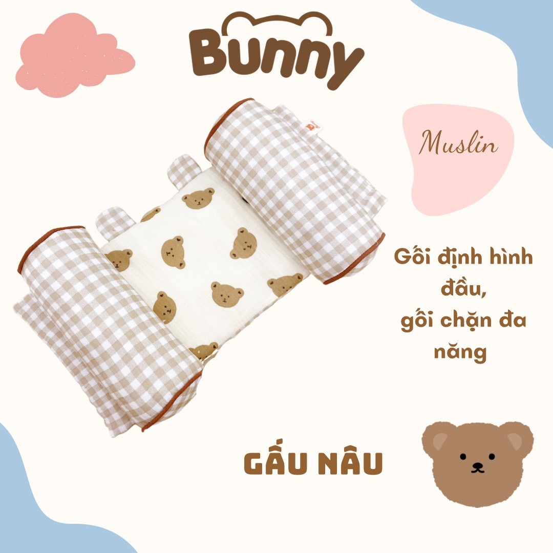 Gối định hình đầu cho bé Bunny vải xô Muslin cao cấp, gối chống méo đầu, gối chặn đa năng cho trẻ sơ sinh