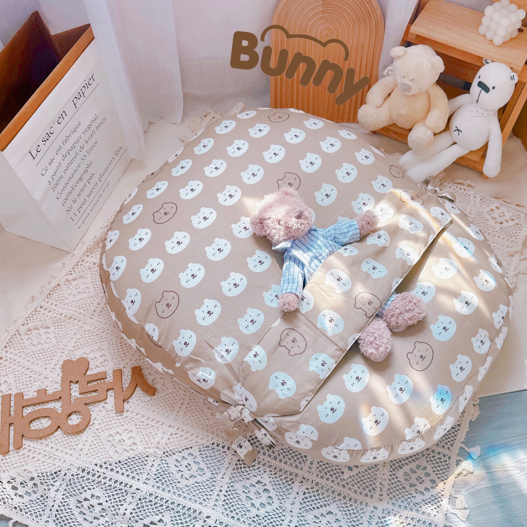 Gối chống trào ngược cho bé kèm đai Bunny vải Cotton Hàn chống giật mình, chống nôn trớ trào ngược dạ dày kích thước 65 x 80cm