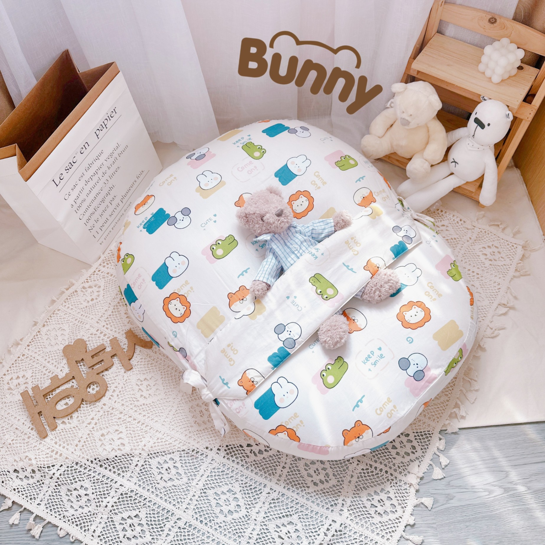 Gối chống trào ngược cho bé kèm đai Bunny vải Cotton Hàn chống giật mình, chống nôn trớ trào ngược dạ dày kích thước 65 x 80cm