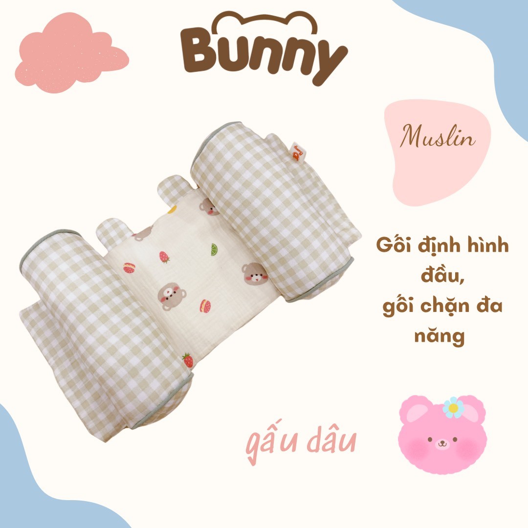 Gối định hình đầu cho bé Bunny vải xô Muslin cao cấp, gối chống méo đầu, gối chặn đa năng cho trẻ sơ sinh