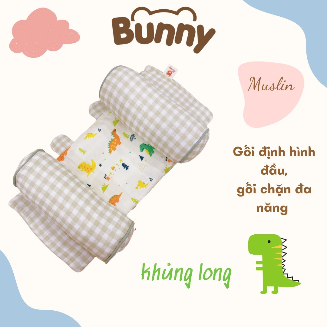 Gối định hình đầu cho bé Bunny vải xô Muslin cao cấp, gối chống méo đầu, gối chặn đa năng cho trẻ sơ sinh