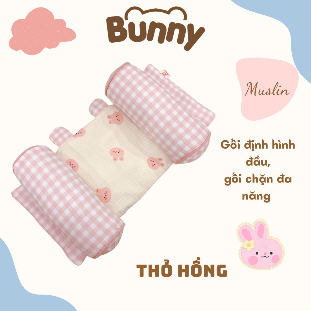 Gối định hình đầu cho bé Bunny vải xô Muslin cao cấp, gối chống méo đầu, gối chặn đa năng cho trẻ sơ sinh