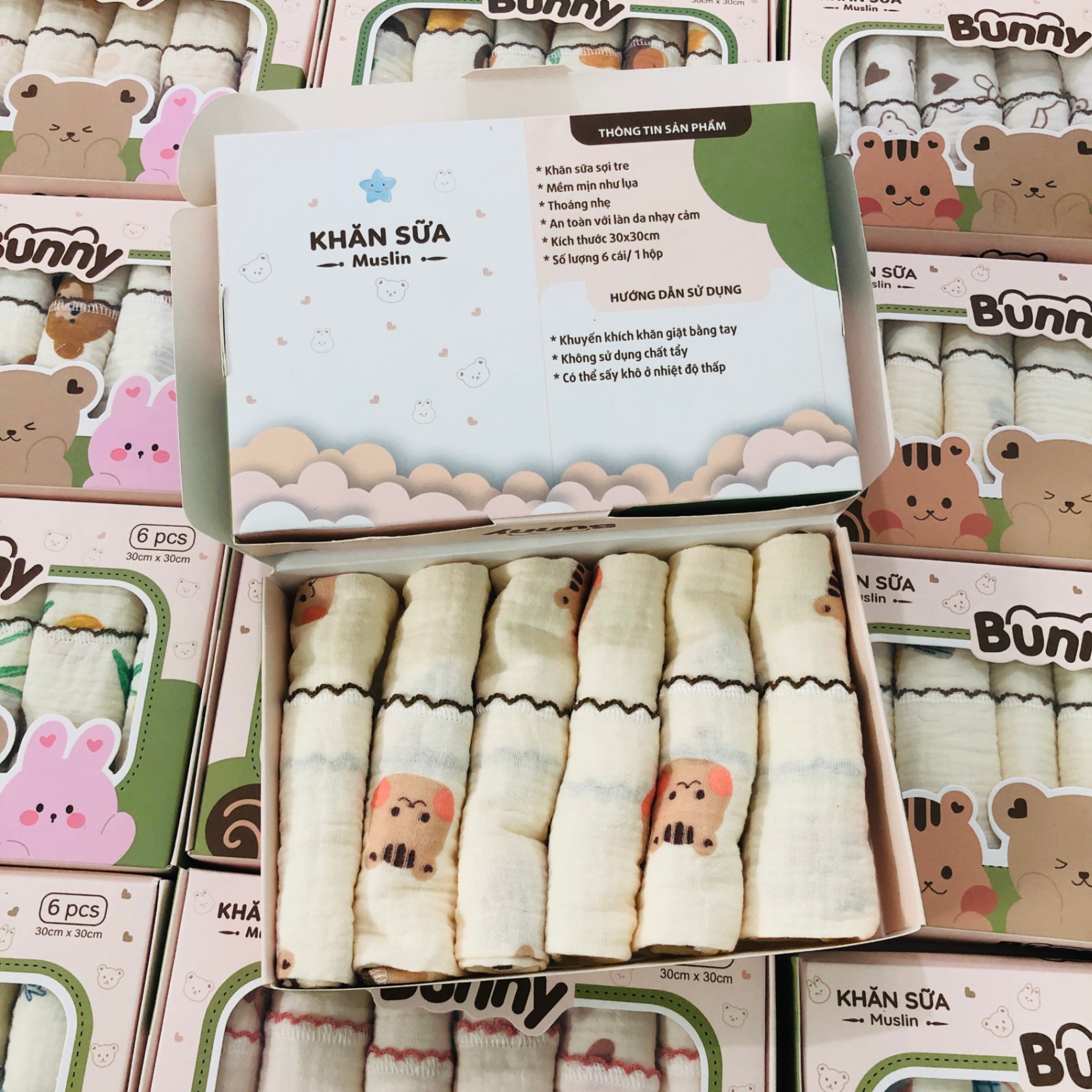 Set 6 khăn sữa vải xô Muslin Bunny 100% Organic 2 lớp dày dặn, thấm hút, kháng khuẩn siêu mềm mịn cho bé sơ sinh