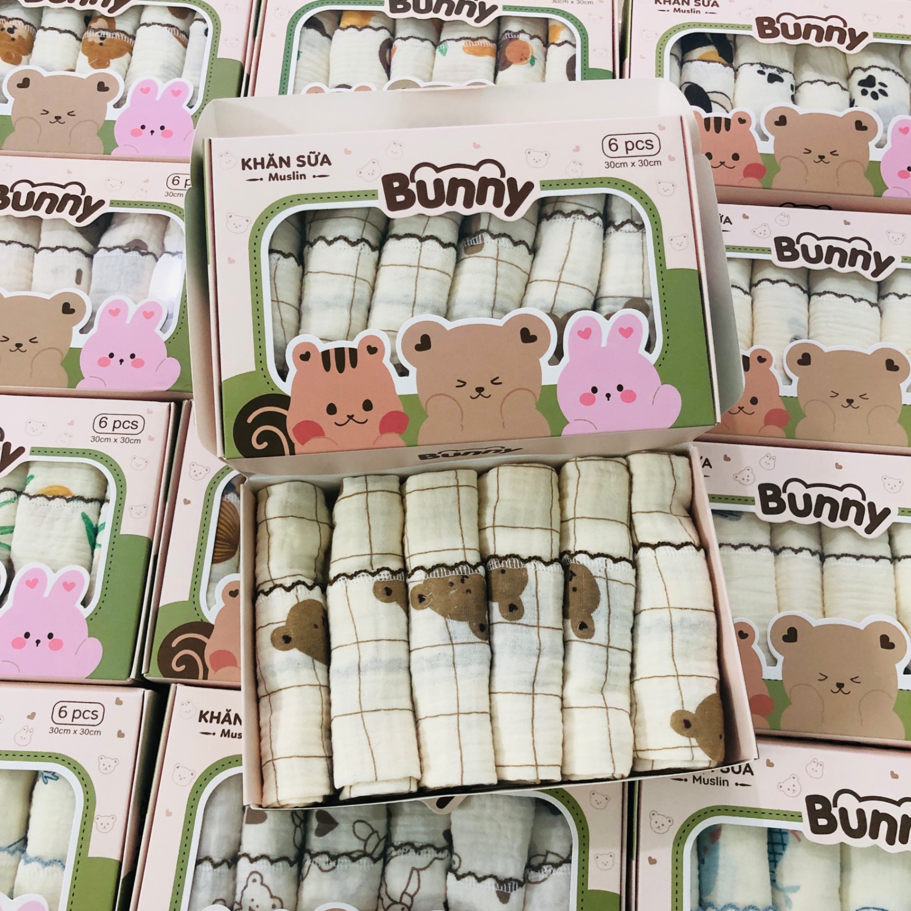 Set 6 khăn sữa vải xô Muslin Bunny 100% Organic 2 lớp dày dặn, thấm hút, kháng khuẩn siêu mềm mịn cho bé sơ sinh