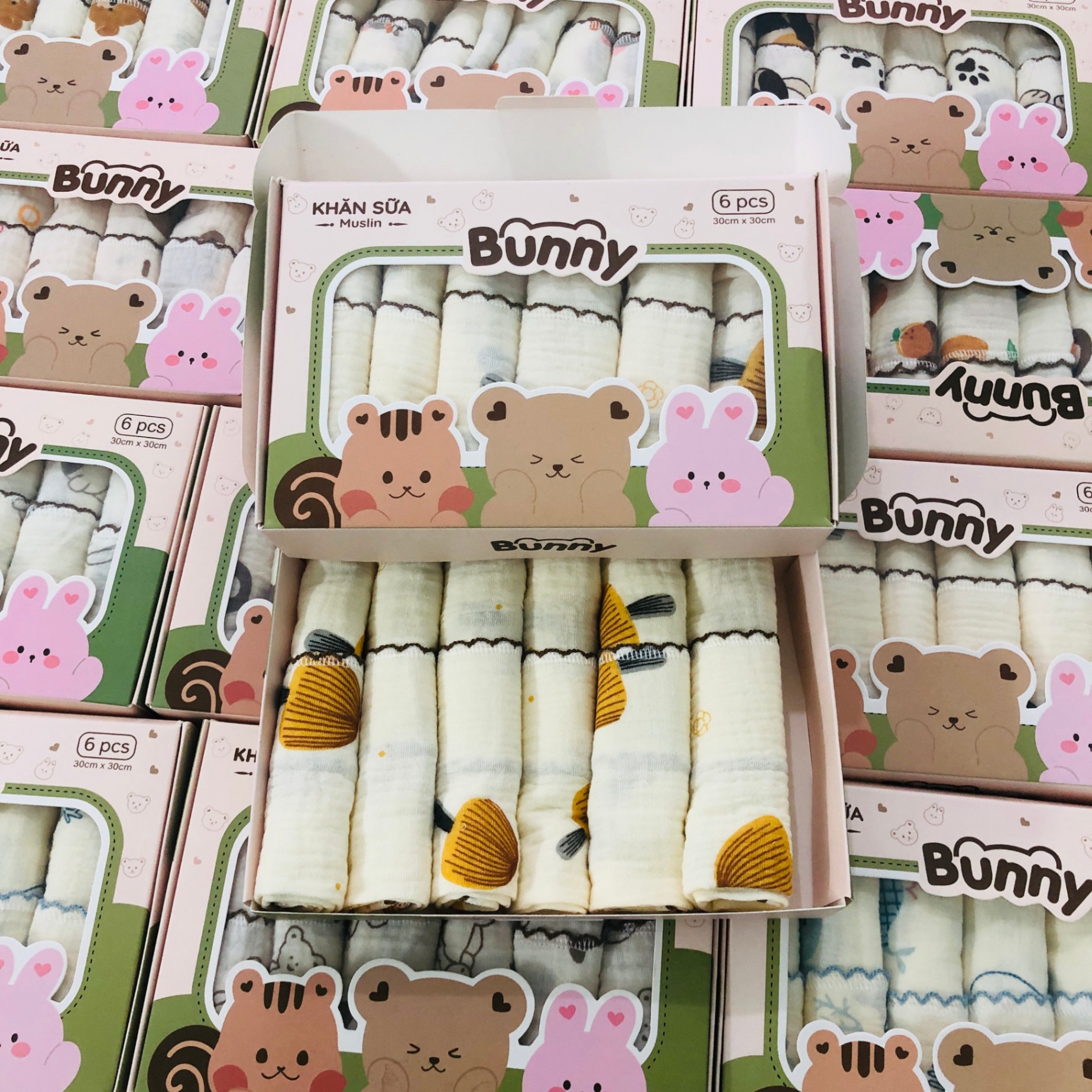 Set 6 khăn sữa vải xô Muslin Bunny 100% Organic 2 lớp dày dặn, thấm hút, kháng khuẩn siêu mềm mịn cho bé sơ sinh