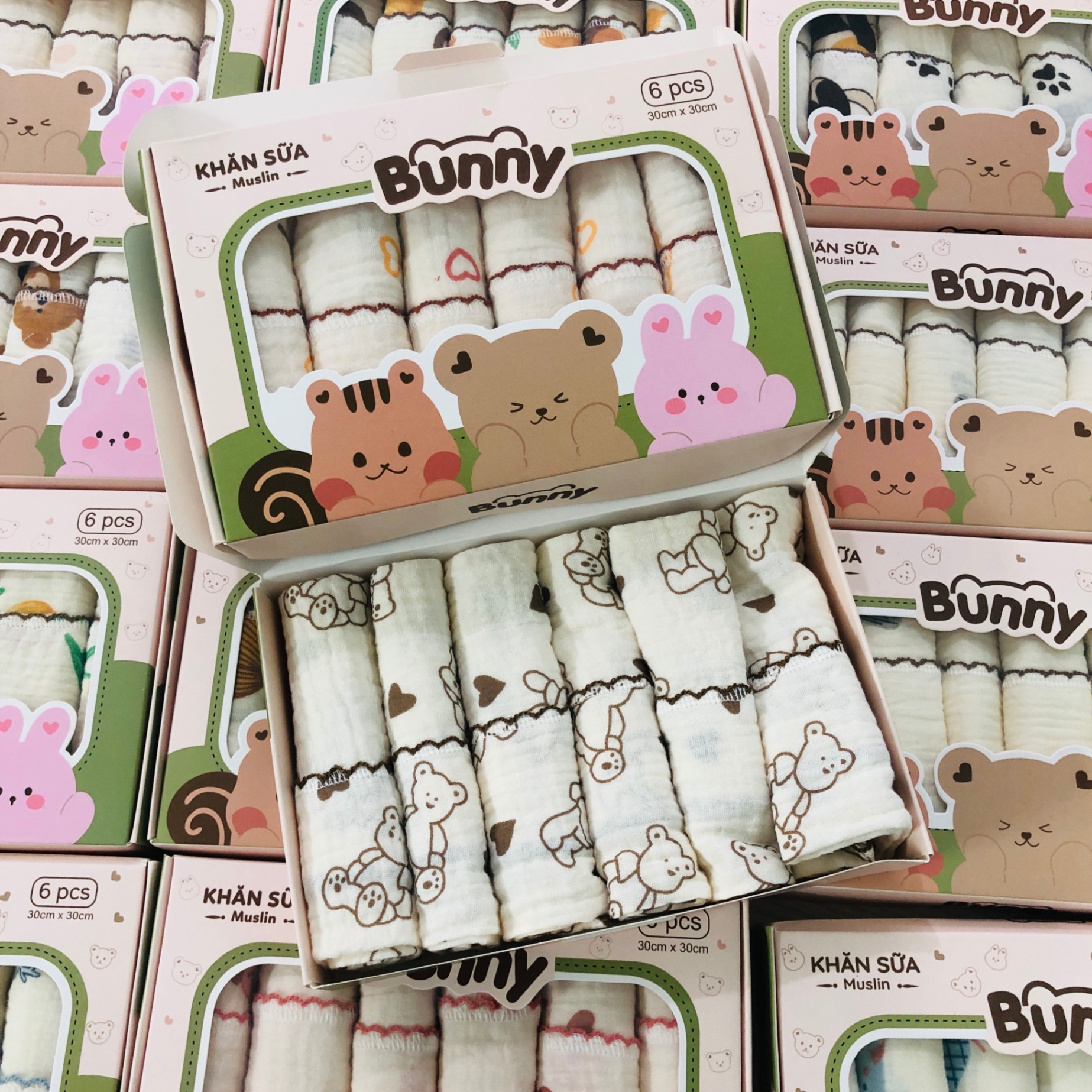 Set 6 khăn sữa vải xô Muslin Bunny 100% Organic 2 lớp dày dặn, thấm hút, kháng khuẩn siêu mềm mịn cho bé sơ sinh