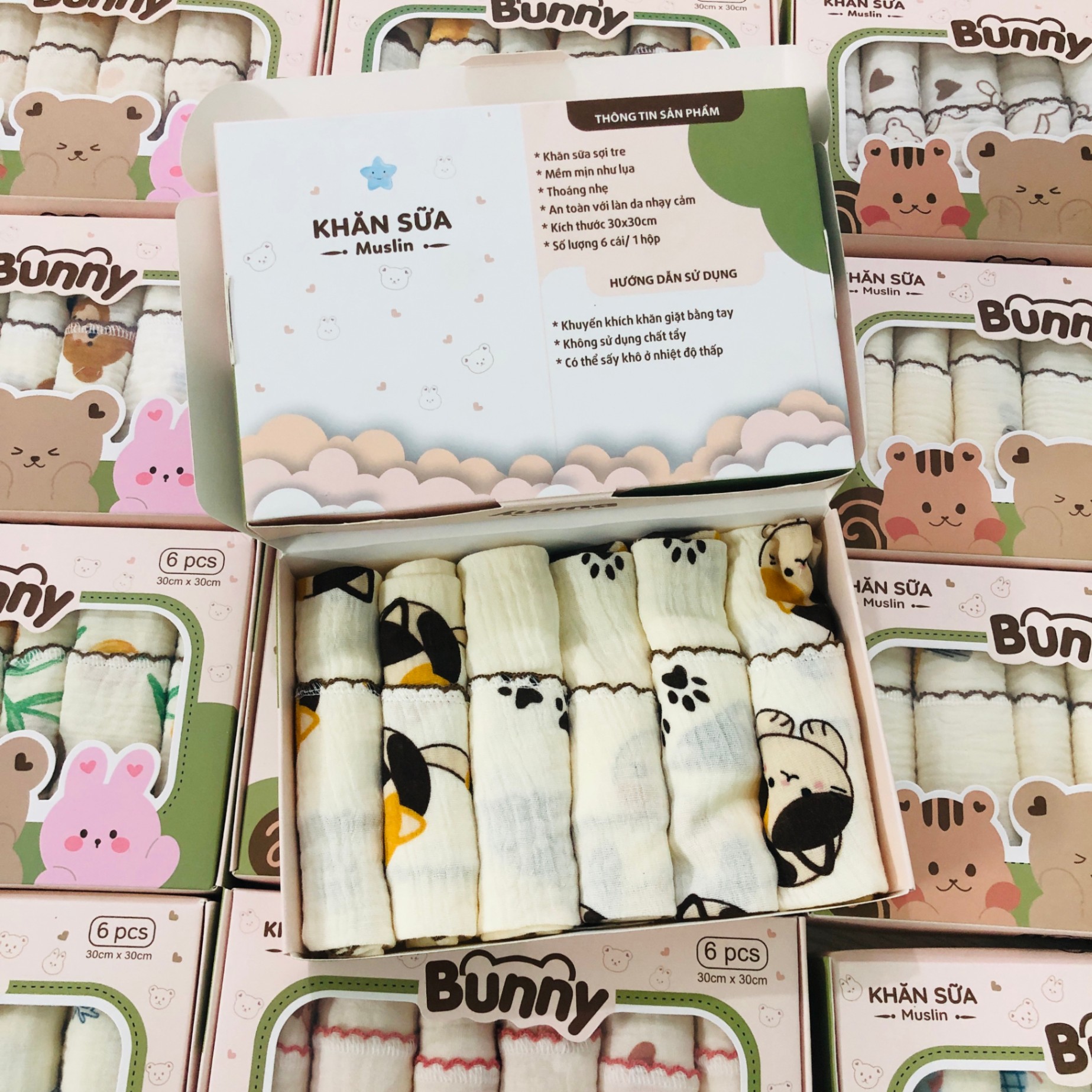 Set 6 khăn sữa vải xô Muslin Bunny 100% Organic 2 lớp dày dặn, thấm hút, kháng khuẩn siêu mềm mịn cho bé sơ sinh