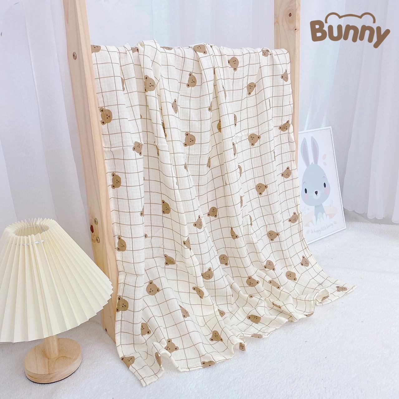 Khăn đa năng cho bé Bunny sợi tre vải xô Muslin 2 lớp làm khăn tắm, khăn quấn, chăn mỏng kích thước 1mx1m