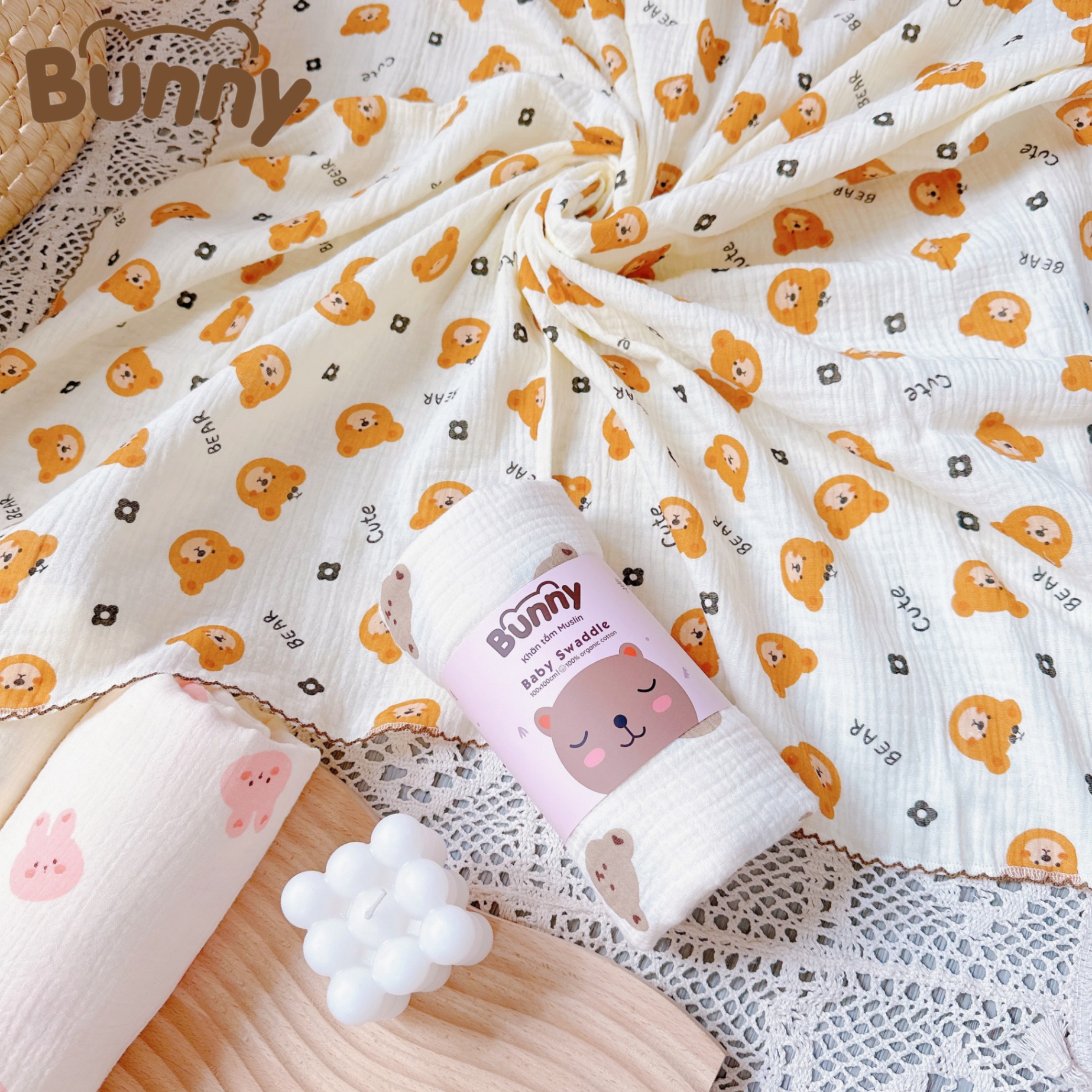 Khăn đa năng cho bé Bunny sợi tre vải xô Muslin 2 lớp làm khăn tắm, khăn quấn, chăn mỏng kích thước 1mx1m