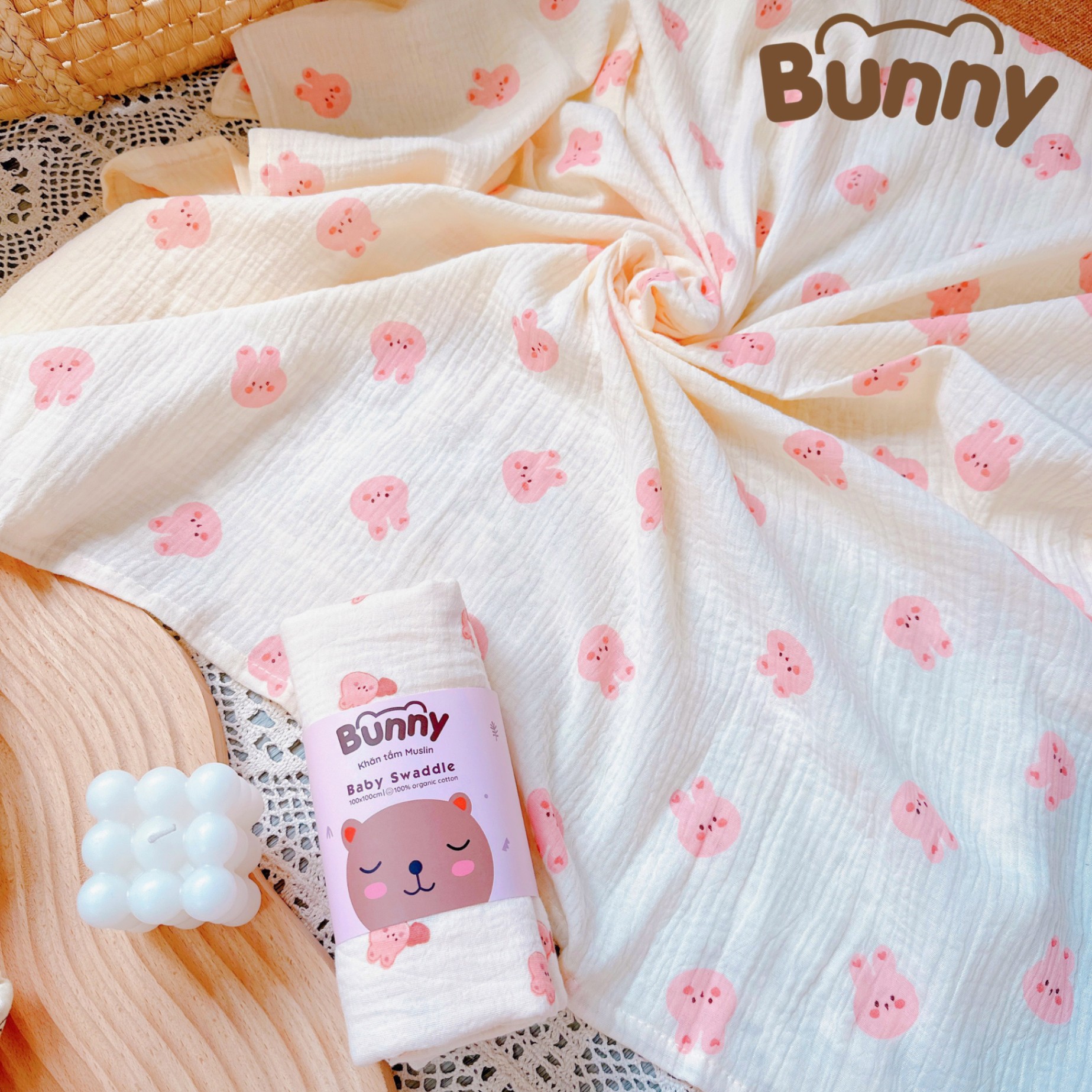 Khăn đa năng cho bé Bunny sợi tre vải xô Muslin 2 lớp làm khăn tắm, khăn quấn, chăn mỏng kích thước 1mx1m