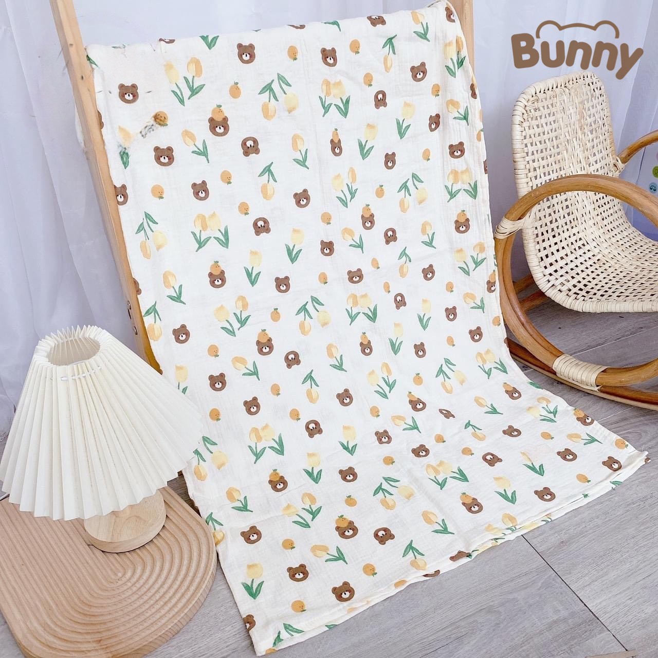 Khăn đa năng cho bé Bunny sợi tre vải xô Muslin 2 lớp làm khăn tắm, khăn quấn, chăn mỏng kích thước 1mx1m