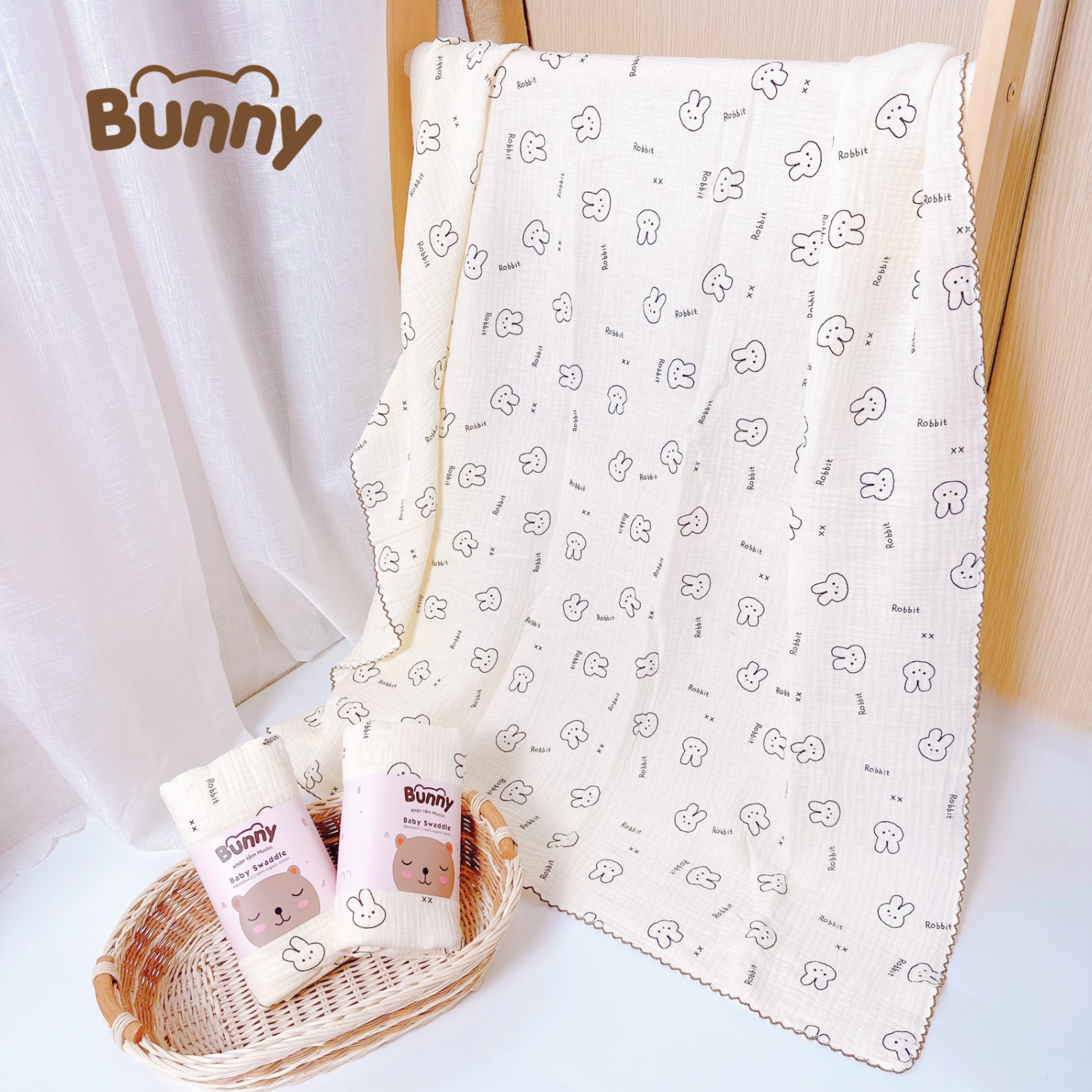 Khăn đa năng cho bé Bunny sợi tre vải xô Muslin 2 lớp làm khăn tắm, khăn quấn, chăn mỏng kích thước 1mx1m