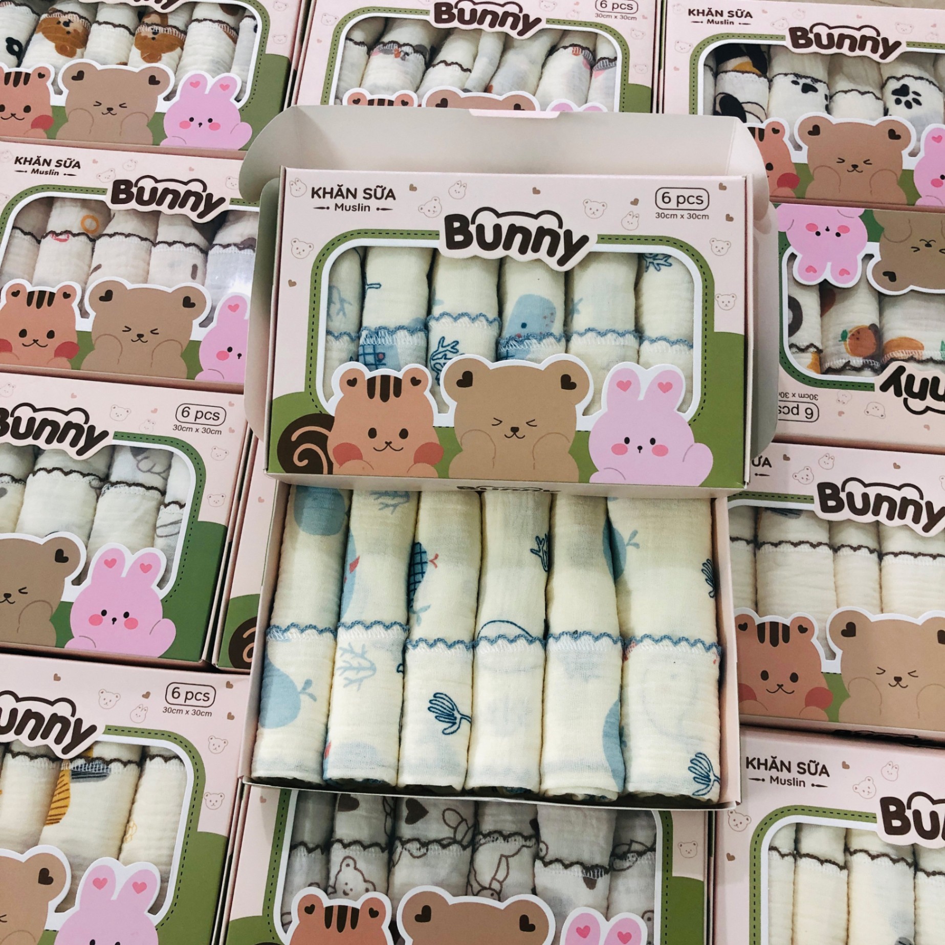 Set 6 khăn sữa vải xô Muslin Bunny 100% Organic 2 lớp dày dặn, thấm hút, kháng khuẩn siêu mềm mịn cho bé sơ sinh