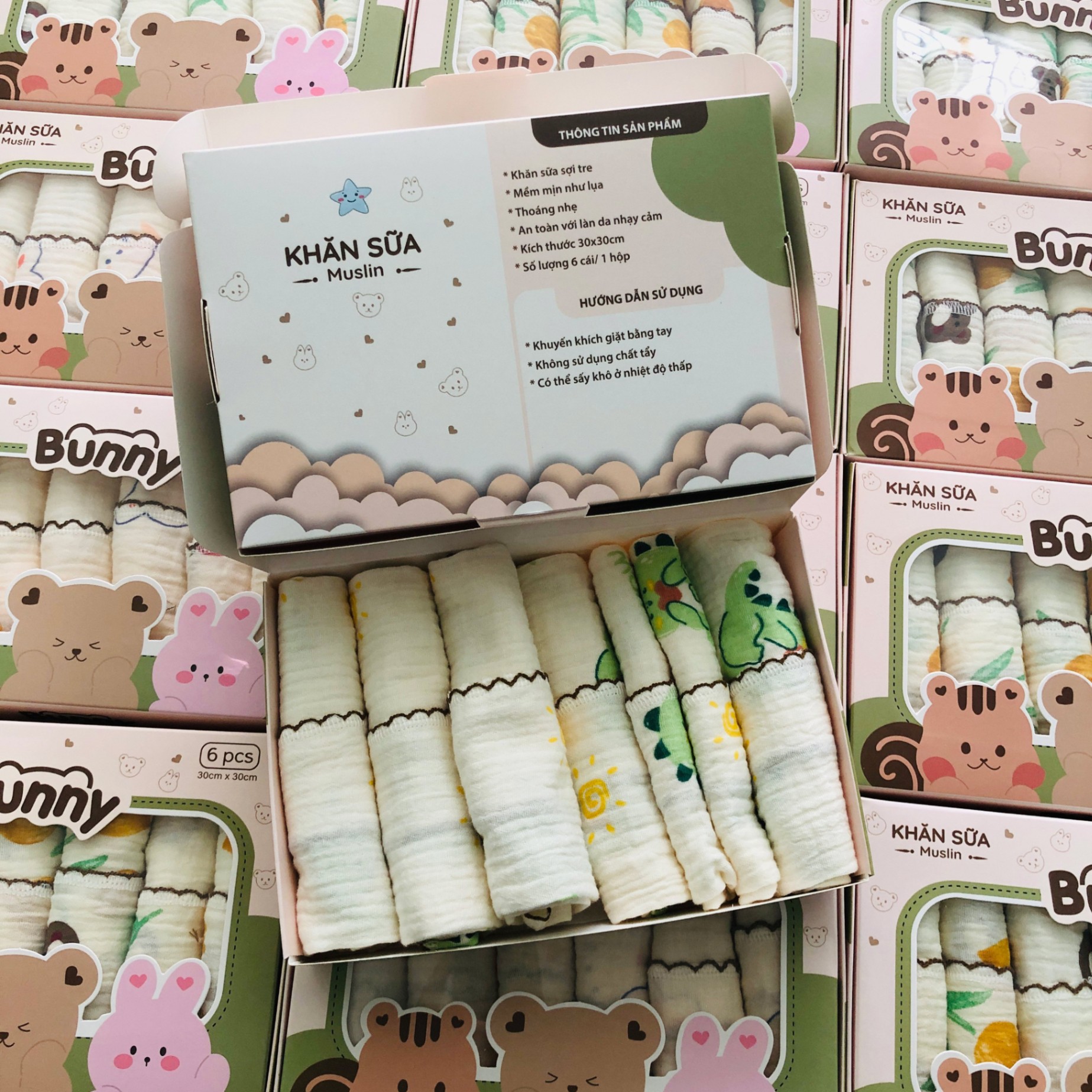 Set 6 khăn sữa vải xô Muslin Bunny 100% Organic 2 lớp dày dặn, thấm hút, kháng khuẩn siêu mềm mịn cho bé sơ sinh