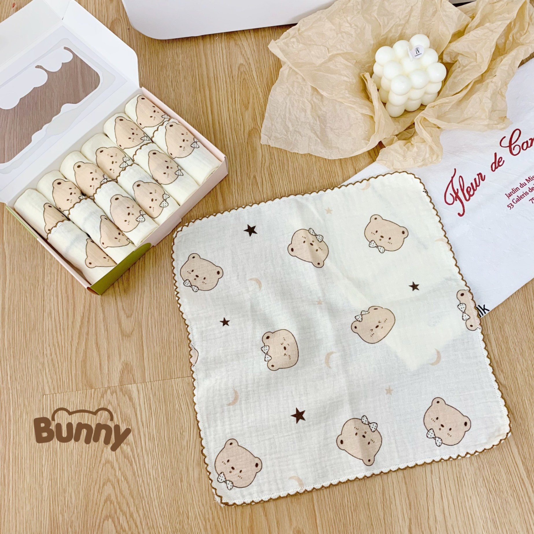 Set 6 khăn sữa vải xô Muslin Bunny 100% Organic 2 lớp dày dặn, thấm hút, kháng khuẩn siêu mềm mịn cho bé sơ sinh