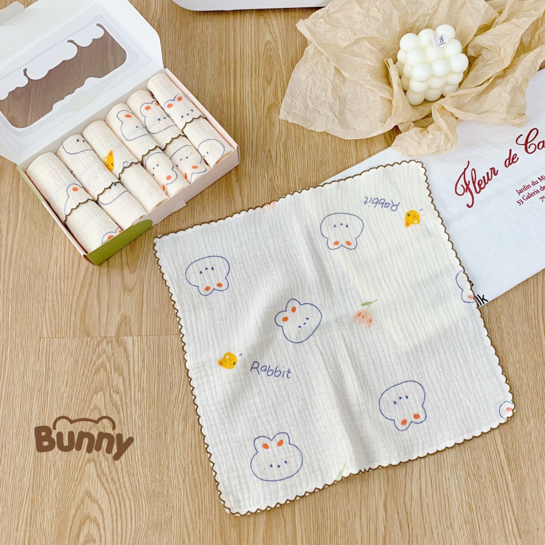 Set 6 khăn sữa vải xô Muslin Bunny 100% Organic 2 lớp dày dặn, thấm hút, kháng khuẩn siêu mềm mịn cho bé sơ sinh