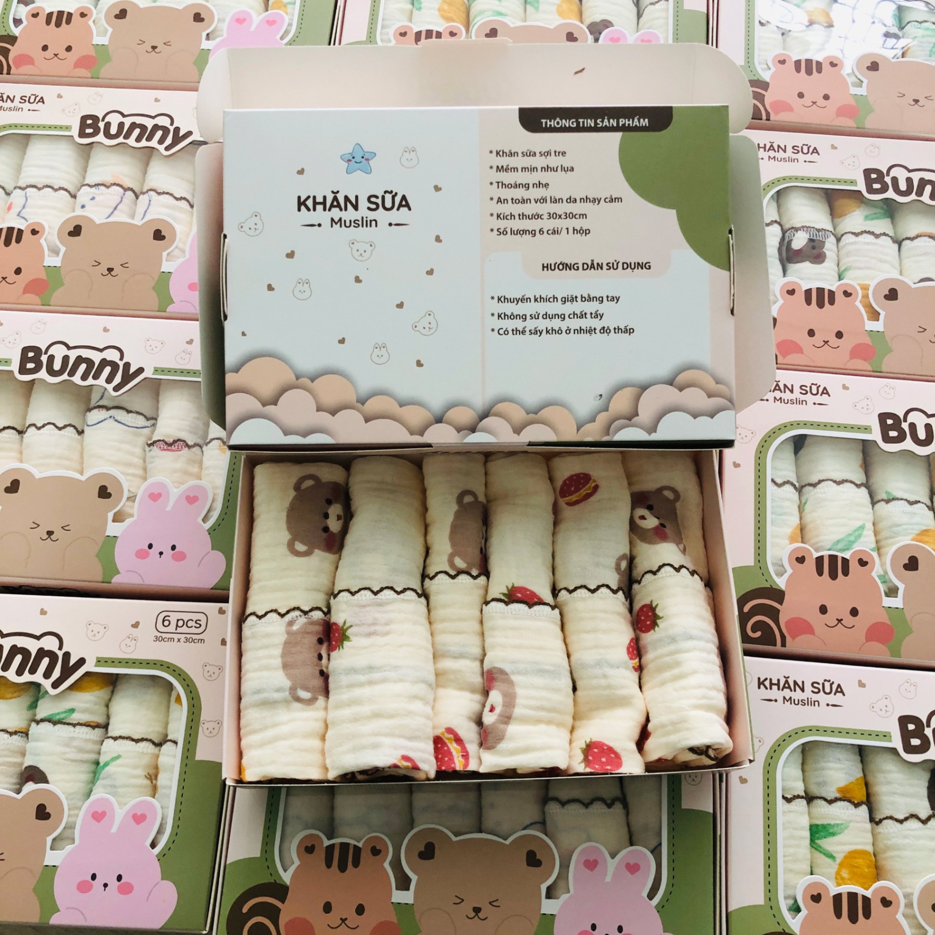 Set 6 khăn sữa vải xô Muslin Bunny 100% Organic 2 lớp dày dặn, thấm hút, kháng khuẩn siêu mềm mịn cho bé sơ sinh