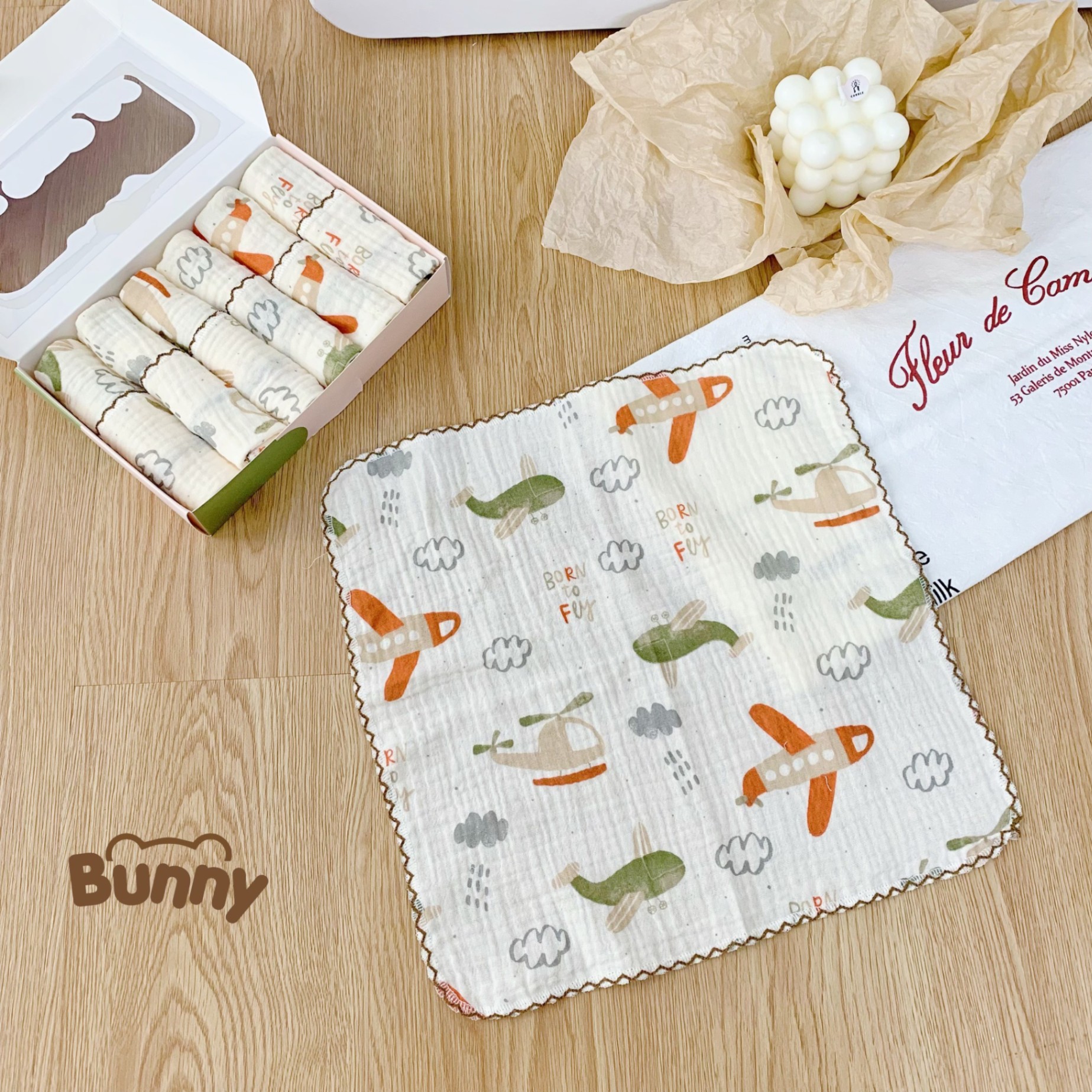 Set 6 khăn sữa vải xô Muslin Bunny 100% Organic 2 lớp dày dặn, thấm hút, kháng khuẩn siêu mềm mịn cho bé sơ sinh