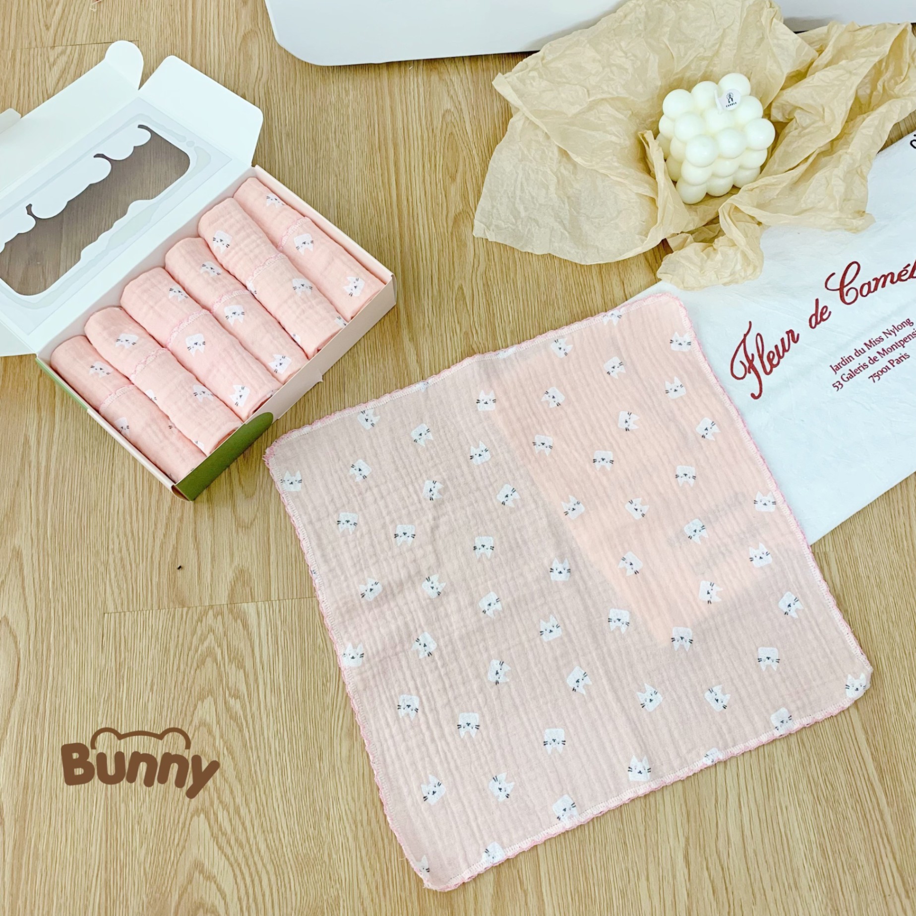 Set 6 khăn sữa vải xô Muslin Bunny 100% Organic 2 lớp dày dặn, thấm hút, kháng khuẩn siêu mềm mịn cho bé sơ sinh