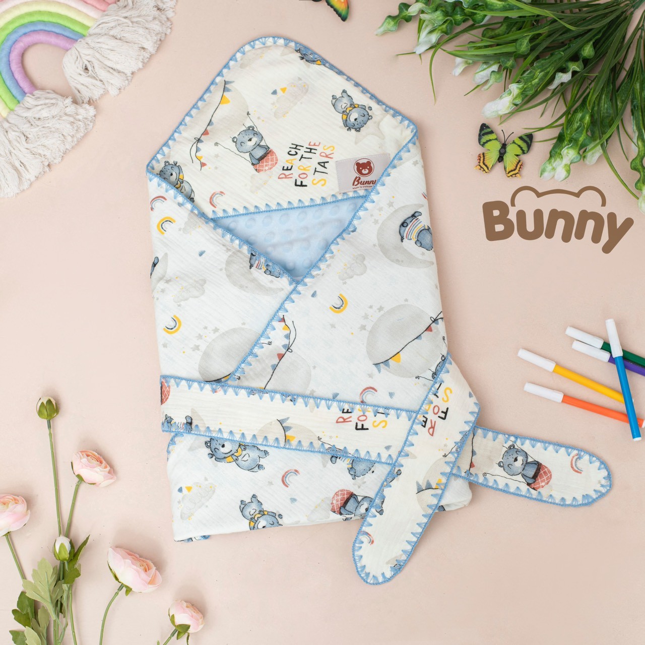 Ủ choàng cho bé sơ sinh Bunny xô Muslin 2 lớp Nhung bi hạt đậu, chăn ủ đa năng kèm đai cố định ấm áp cho bé kích thước 80x80cm