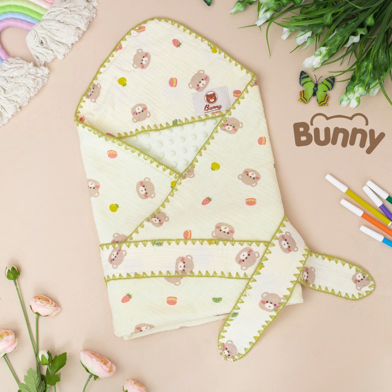 Ủ choàng cho bé sơ sinh Bunny xô Muslin 2 lớp Nhung bi hạt đậu, chăn ủ đa năng kèm đai cố định ấm áp cho bé kích thước 80x80cm