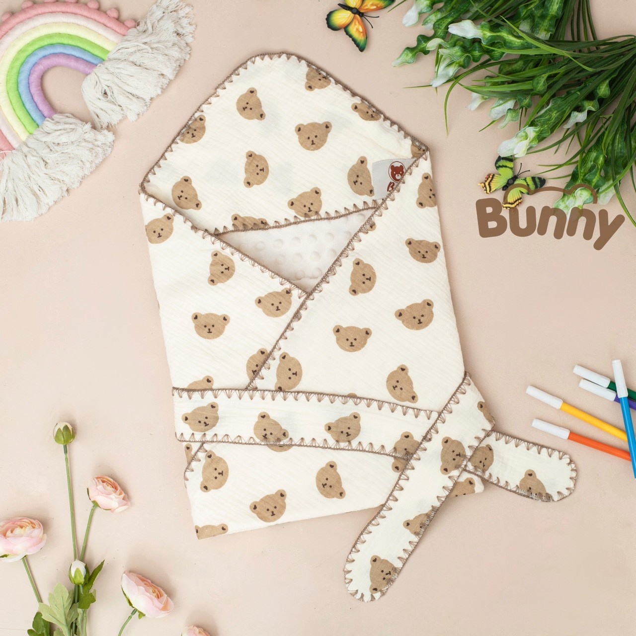 Ủ choàng cho bé sơ sinh Bunny xô Muslin 2 lớp Nhung bi hạt đậu, chăn ủ đa năng kèm đai cố định ấm áp cho bé kích thước 80x80cm