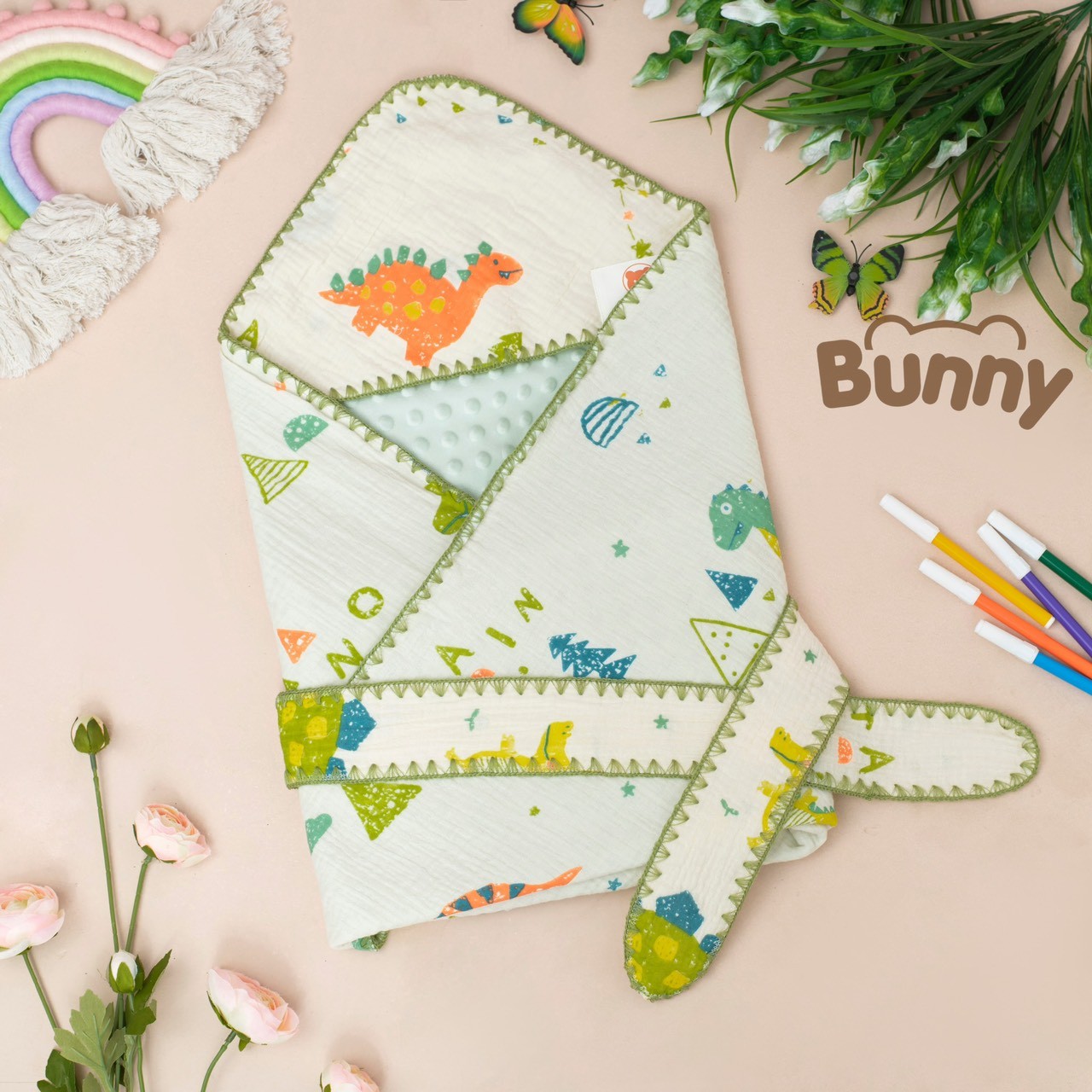 Ủ choàng cho bé sơ sinh Bunny xô Muslin 2 lớp Nhung bi hạt đậu, chăn ủ đa năng kèm đai cố định ấm áp cho bé kích thước 80x80cm