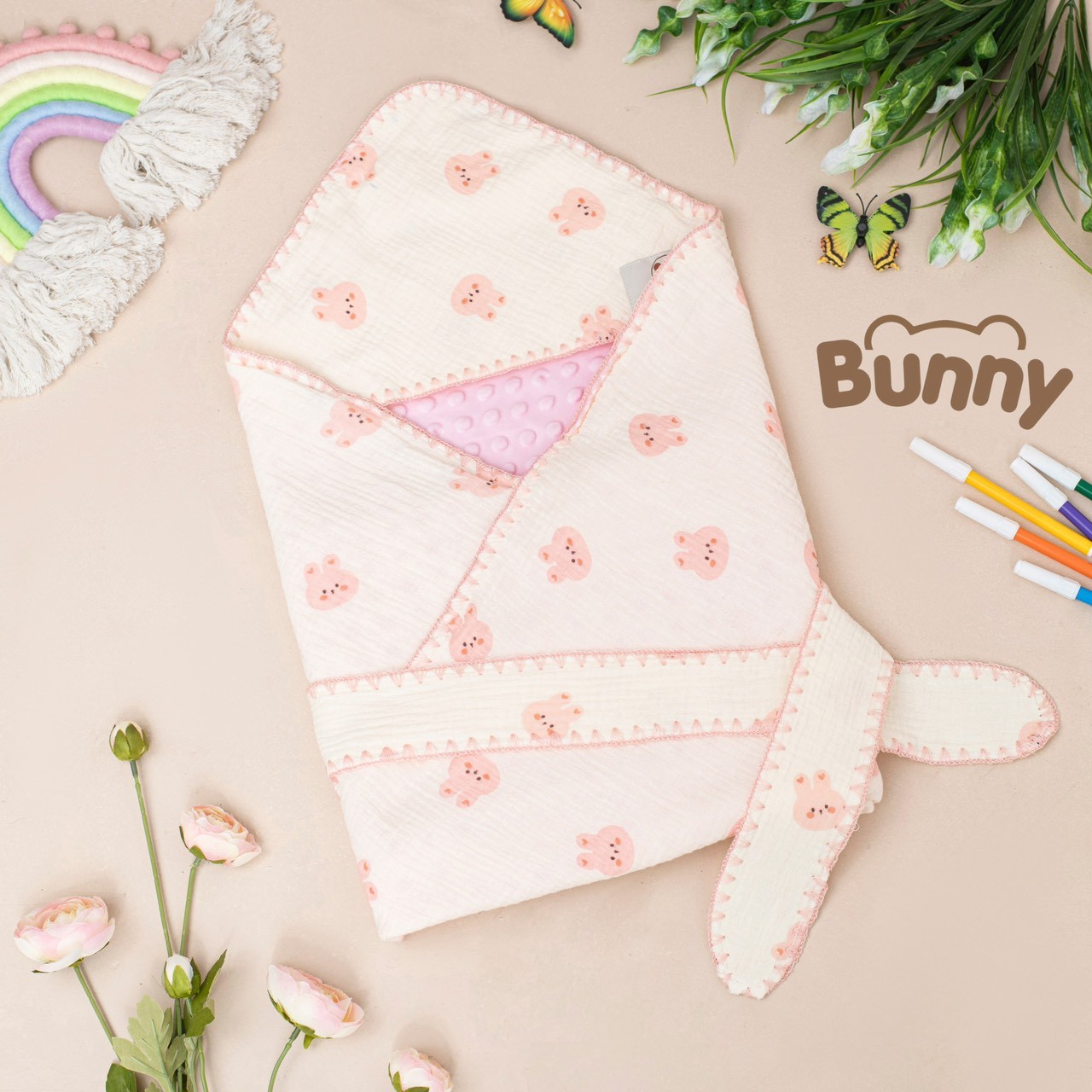 Ủ choàng cho bé sơ sinh Bunny xô Muslin 2 lớp Nhung bi hạt đậu, chăn ủ đa năng kèm đai cố định ấm áp cho bé kích thước 80x80cm