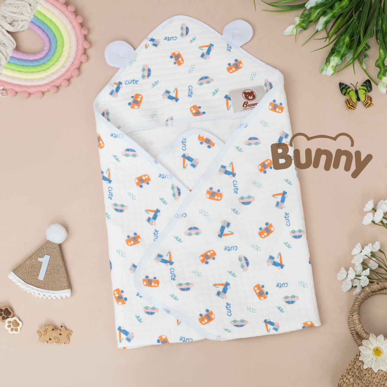 Ủ choàng cho bé sơ sinh Bunny chất vải xốp trần bông, chăn ủ  điều hoà có mũ hình tai gấu kèm đai cho bé kích thước 85x85cm