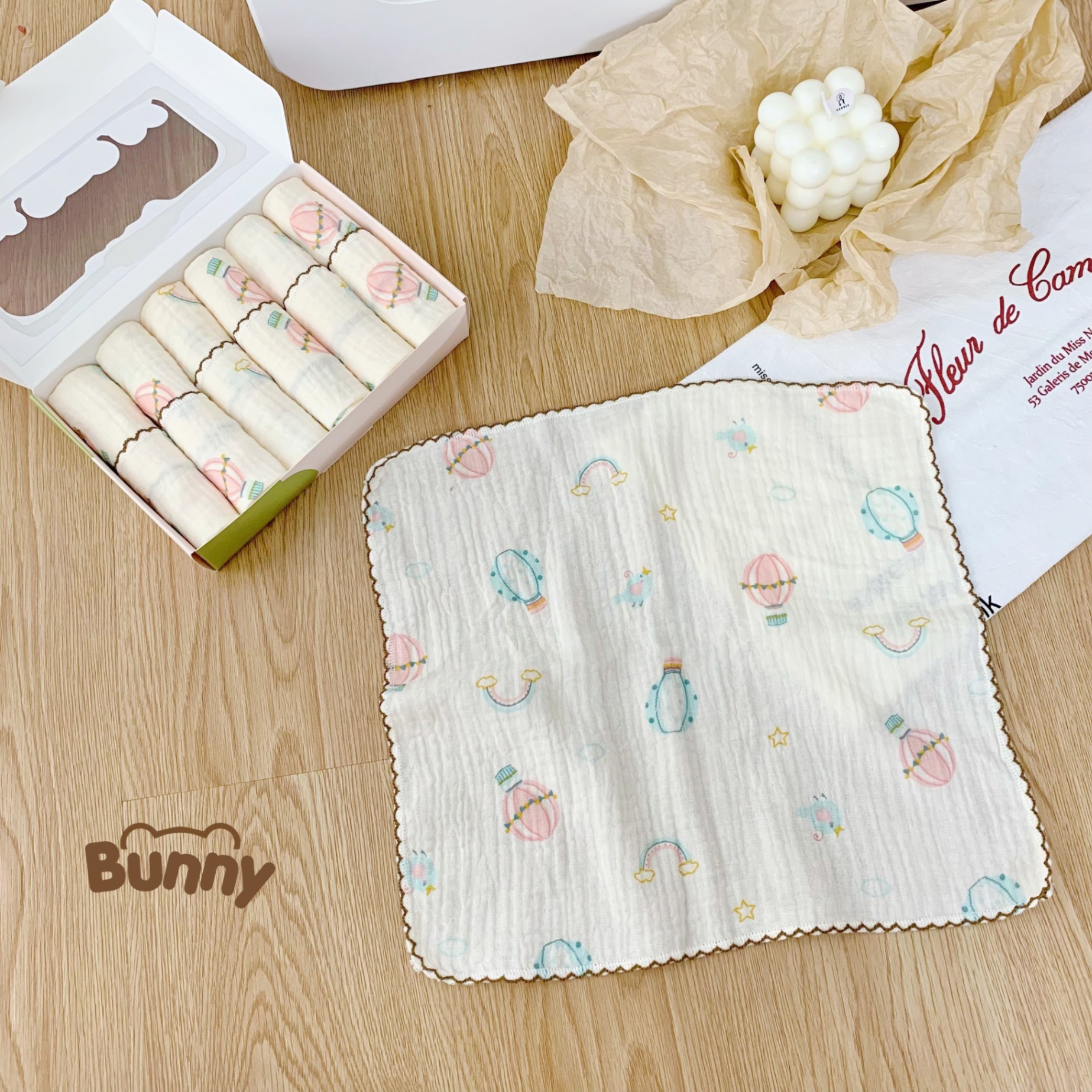 Set 6 khăn sữa vải xô Muslin Bunny 100% Organic 2 lớp dày dặn, thấm hút, kháng khuẩn siêu mềm mịn cho bé sơ sinh