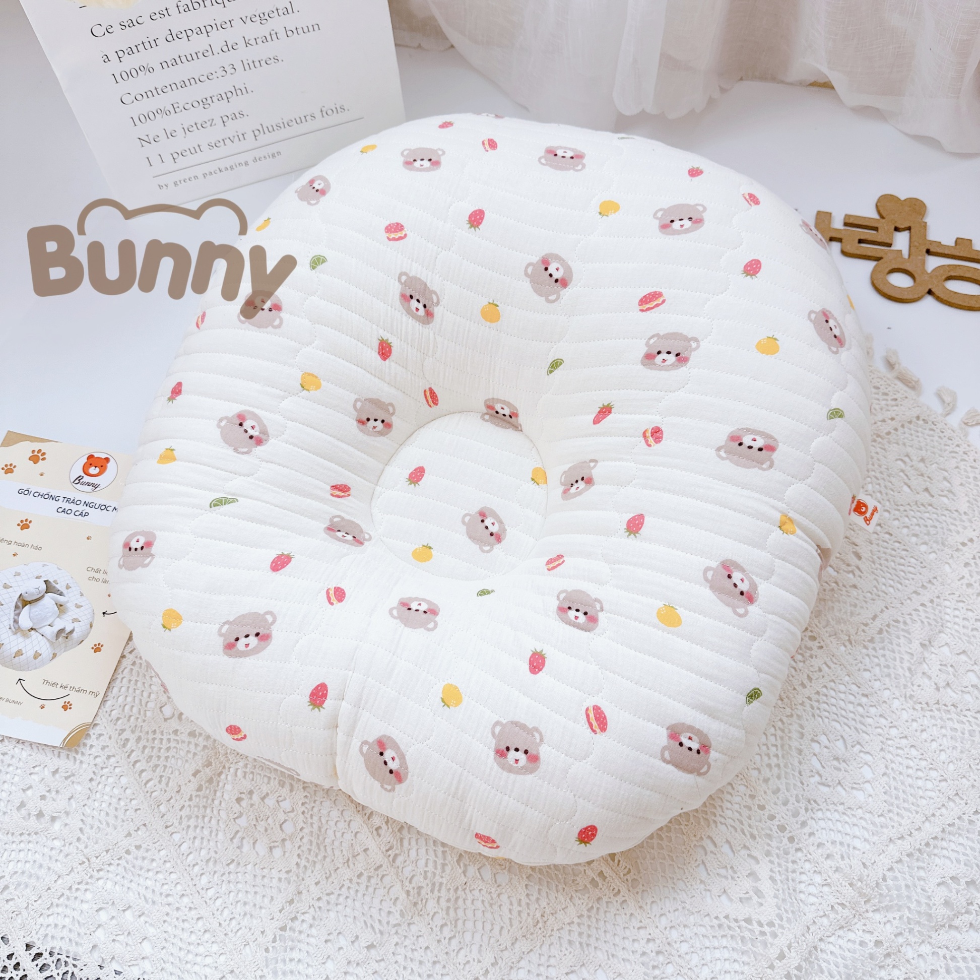 Gối chống trào ngược cho bé Bunny vải xô Muslin Organic trần bông chống nôn trớ cho bé kích thước 70x70x20cm