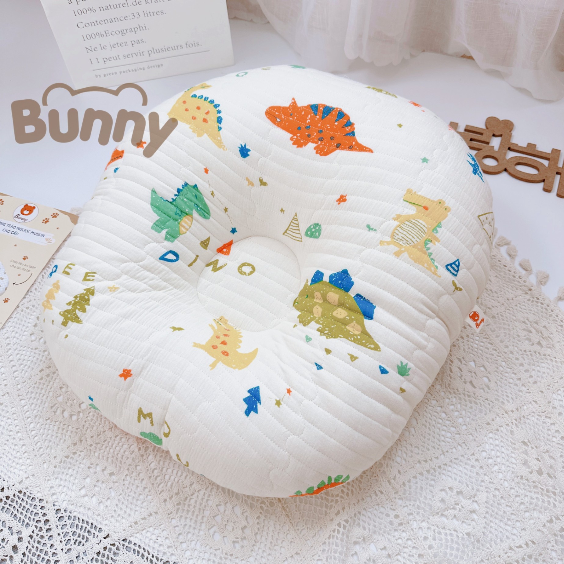 Gối chống trào ngược cho bé Bunny vải xô Muslin Organic trần bông chống nôn trớ cho bé kích thước 70x70x20cm