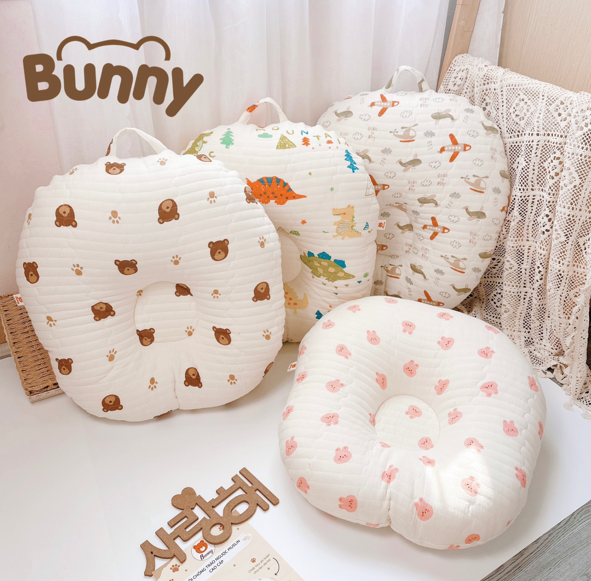 Gối chống trào ngược cho bé Bunny vải xô Muslin Organic trần bông chống nôn trớ cho bé kích thước 70x70x20cm