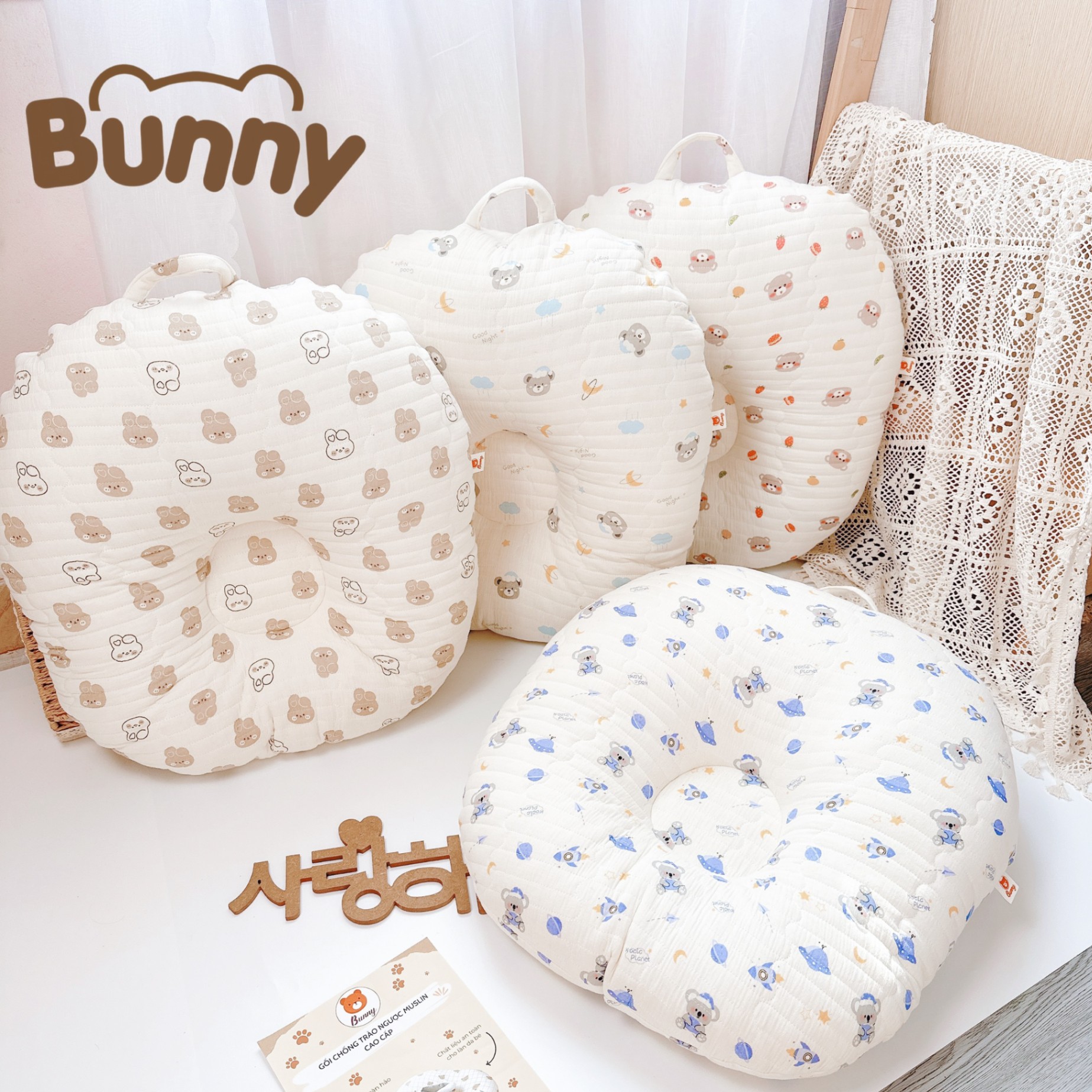 Gối chống trào ngược cho bé Bunny vải xô Muslin Organic trần bông chống nôn trớ cho bé kích thước 70x70x20cm