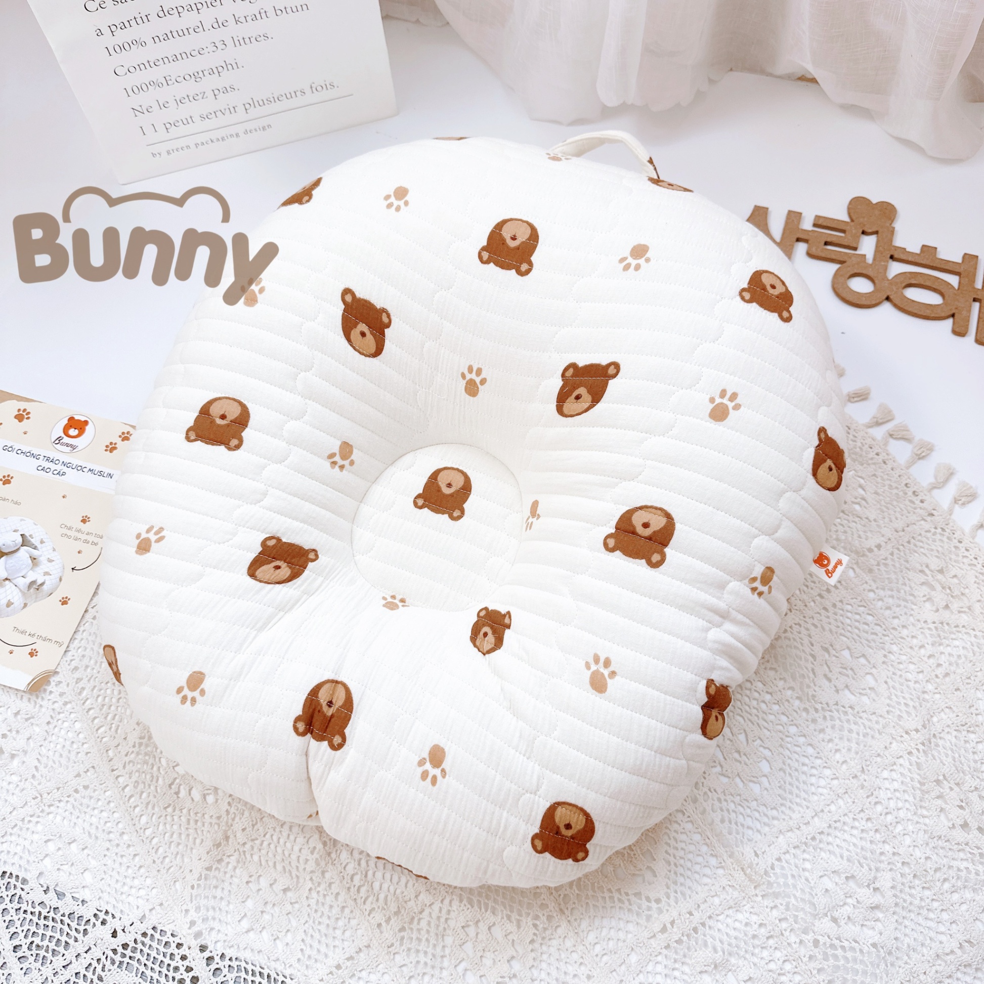 Gối chống trào ngược cho bé Bunny vải xô Muslin Organic trần bông chống nôn trớ cho bé kích thước 70x70x20cm