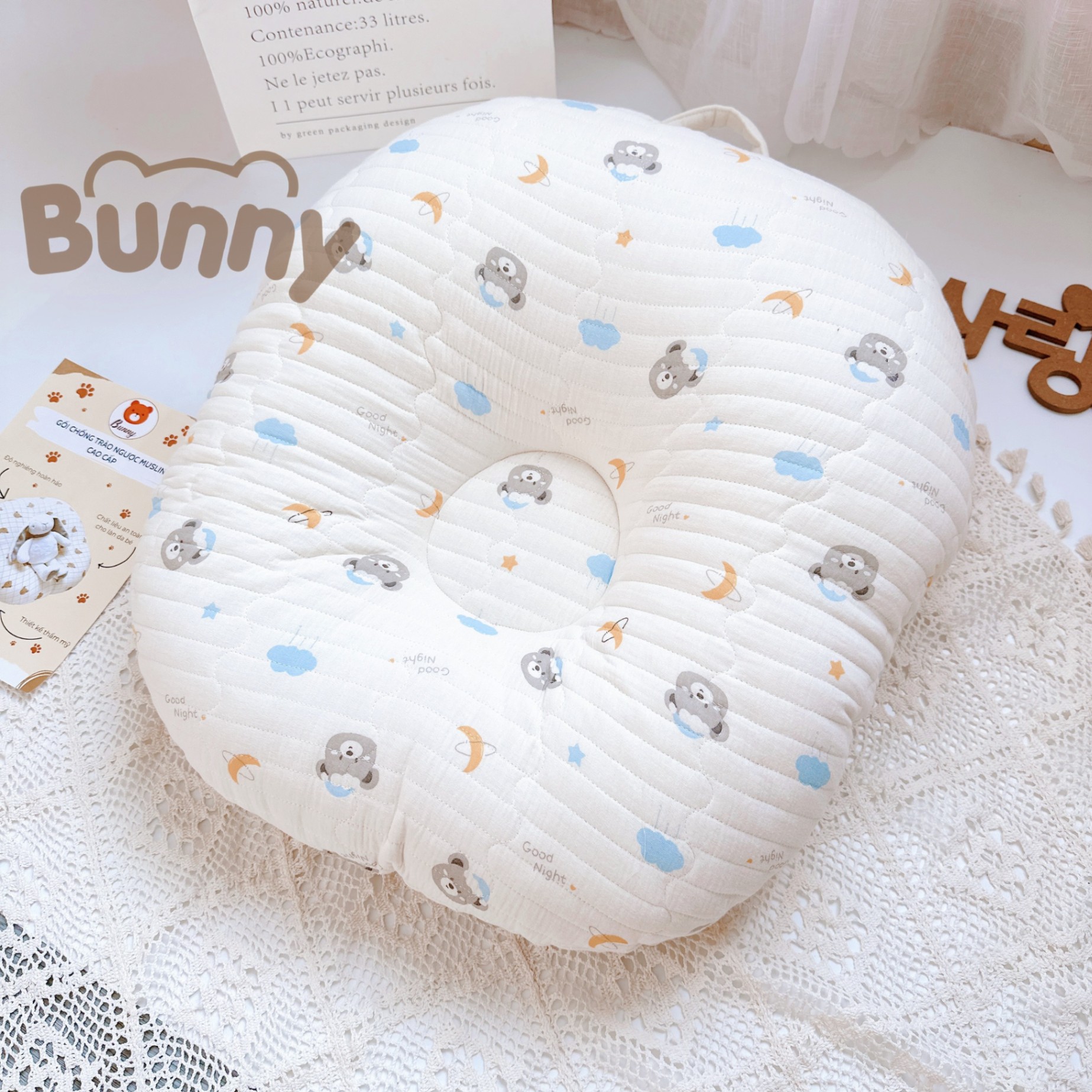 Gối chống trào ngược cho bé Bunny vải xô Muslin Organic trần bông chống nôn trớ cho bé kích thước 70x70x20cm