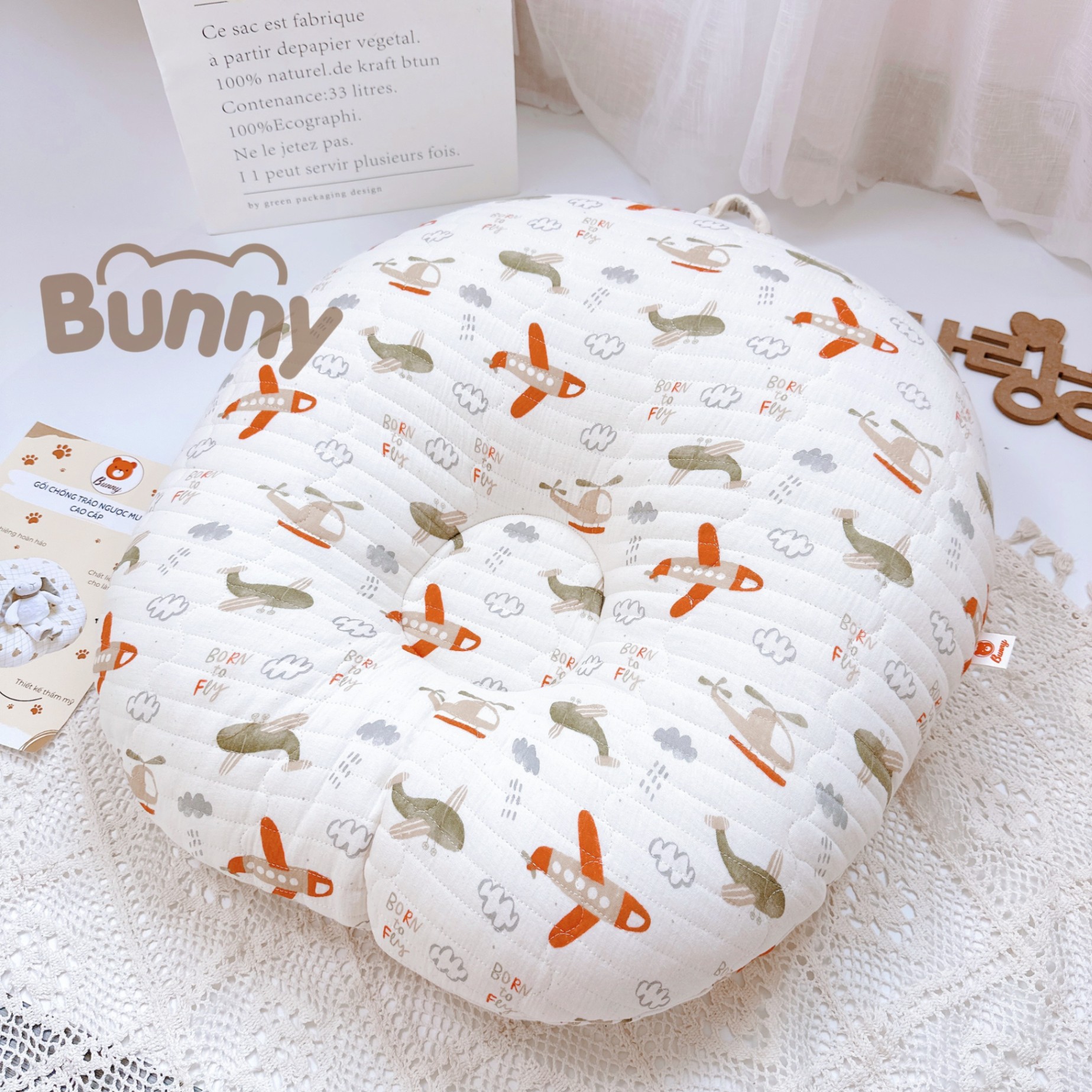 Gối chống trào ngược cho bé Bunny vải xô Muslin Organic trần bông chống nôn trớ cho bé kích thước 70x70x20cm