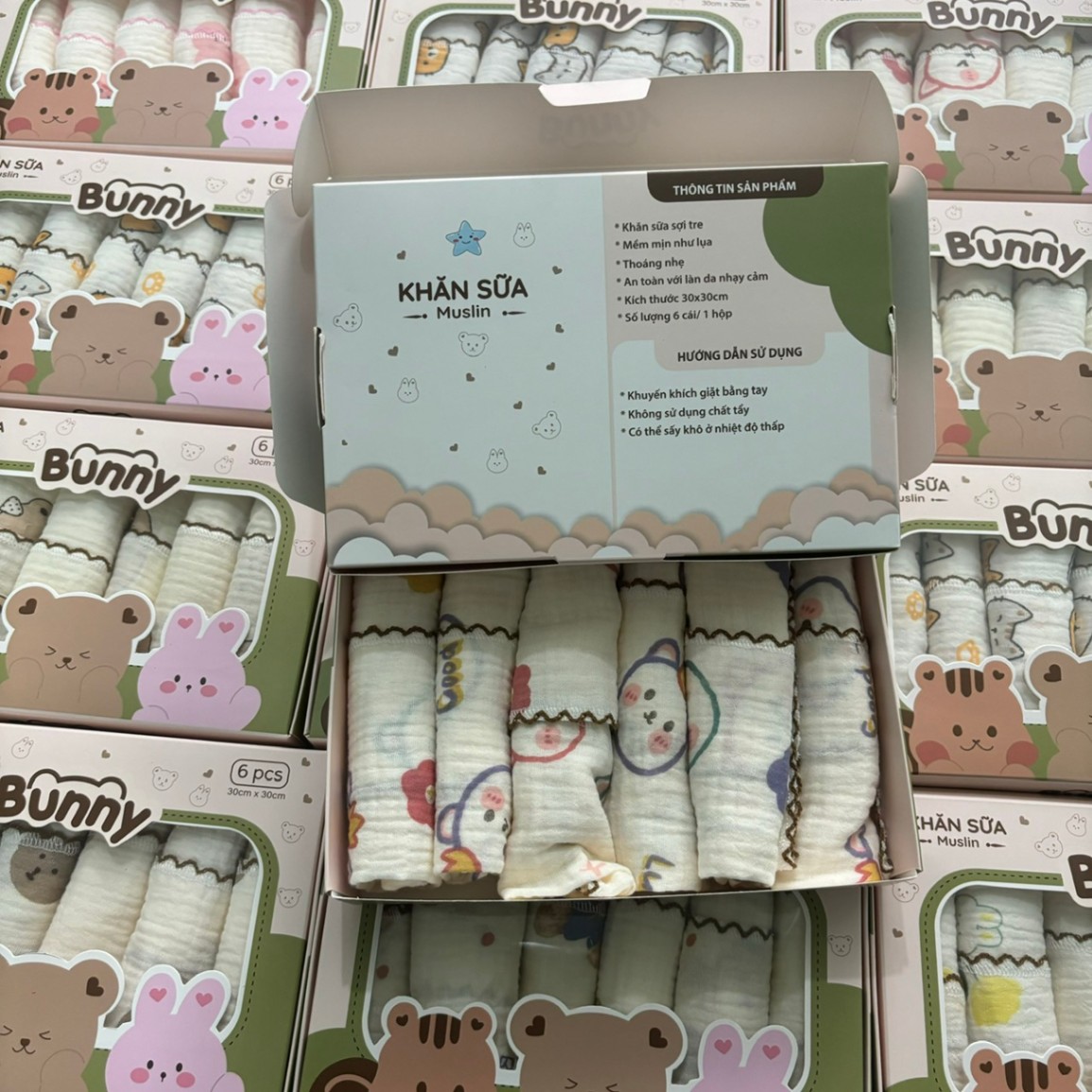 Set 6 khăn sữa vải xô Muslin Bunny 100% Organic 2 lớp dày dặn, thấm hút, kháng khuẩn siêu mềm mịn cho bé sơ sinh