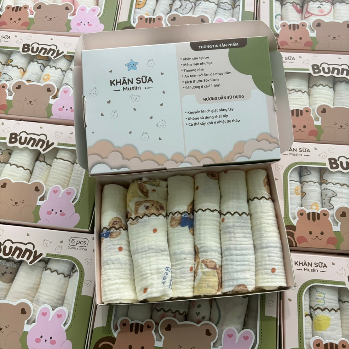 Set 6 khăn sữa vải xô Muslin Bunny 100% Organic 2 lớp dày dặn, thấm hút, kháng khuẩn siêu mềm mịn cho bé sơ sinh