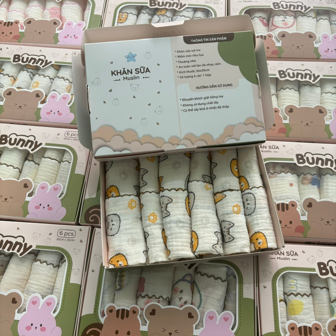 Set 6 khăn sữa vải xô Muslin Bunny 100% Organic 2 lớp dày dặn, thấm hút, kháng khuẩn siêu mềm mịn cho bé sơ sinh