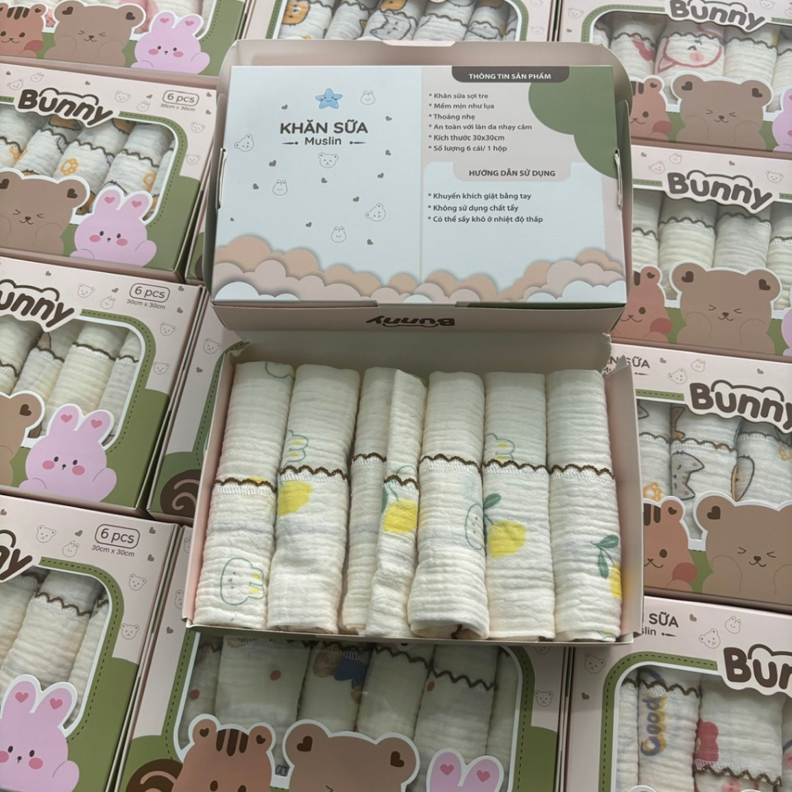 Set 6 khăn sữa vải xô Muslin Bunny 100% Organic 2 lớp dày dặn, thấm hút, kháng khuẩn siêu mềm mịn cho bé sơ sinh