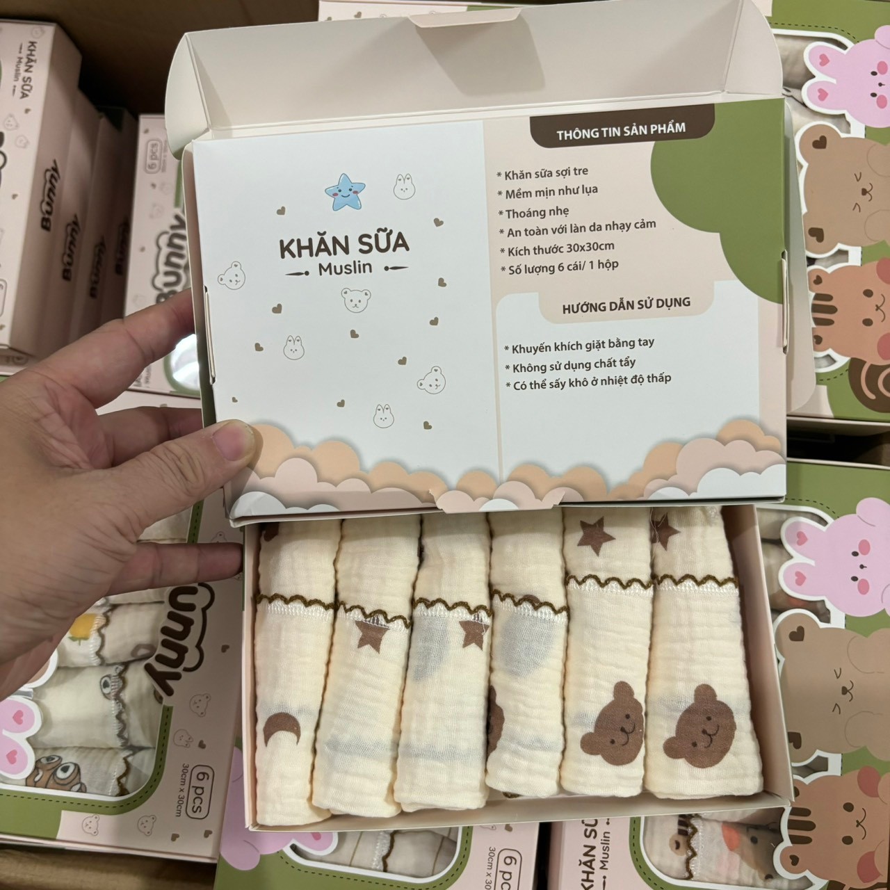 Set 6 khăn sữa vải xô Muslin Bunny 100% Organic 2 lớp dày dặn, thấm hút, kháng khuẩn siêu mềm mịn cho bé sơ sinh