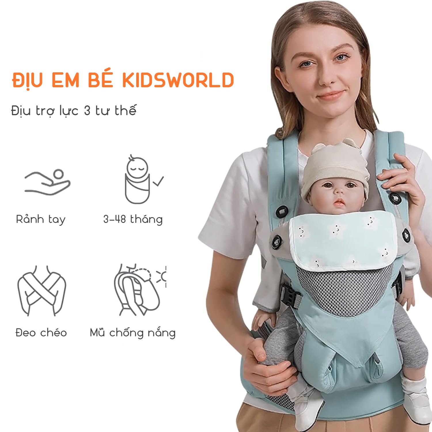 Địu em bé trợ lực 3 tư thế KidsWorld KWKNM 360 Cool Air Mesh có khăn nước miếng, mũ trùm đầu, đỡ cổ, túi đựng đồ vải mềm mại và thoáng khí cho bé từ 3-48 tháng