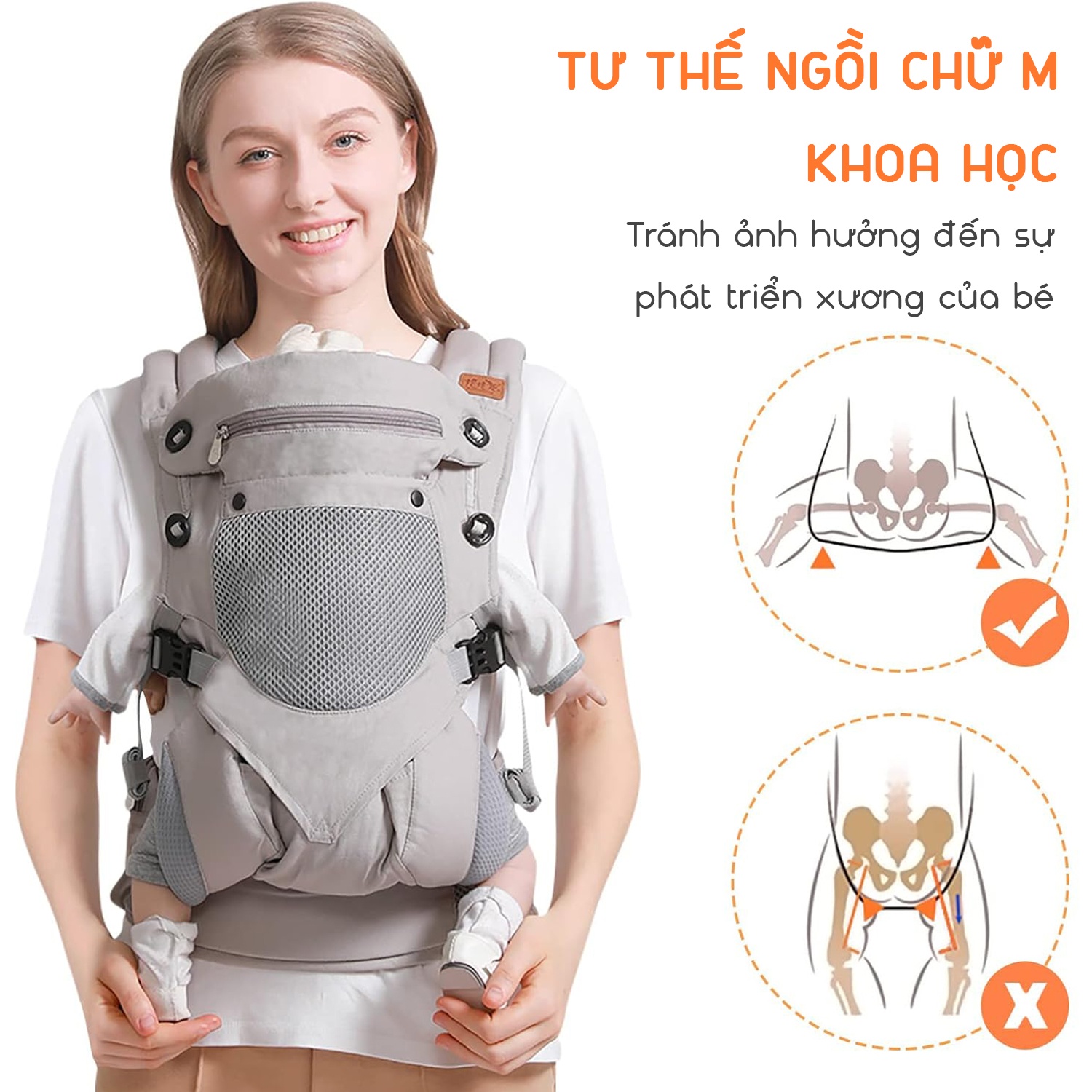 Địu em bé trợ lực 3 tư thế KidsWorld KWKNM 360 Cool Air Mesh có khăn nước miếng, mũ trùm đầu, đỡ cổ, túi đựng đồ vải mềm mại và thoáng khí cho bé từ 3-48 tháng