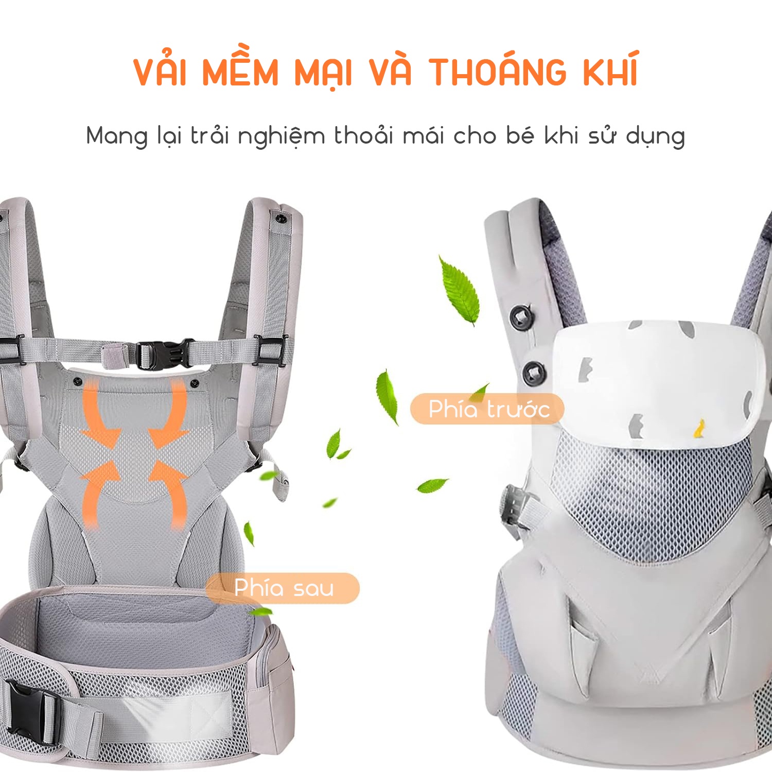 Địu em bé trợ lực 3 tư thế KidsWorld KWKNM 360 Cool Air Mesh có khăn nước miếng, mũ trùm đầu, đỡ cổ, túi đựng đồ vải mềm mại và thoáng khí cho bé từ 3-48 tháng